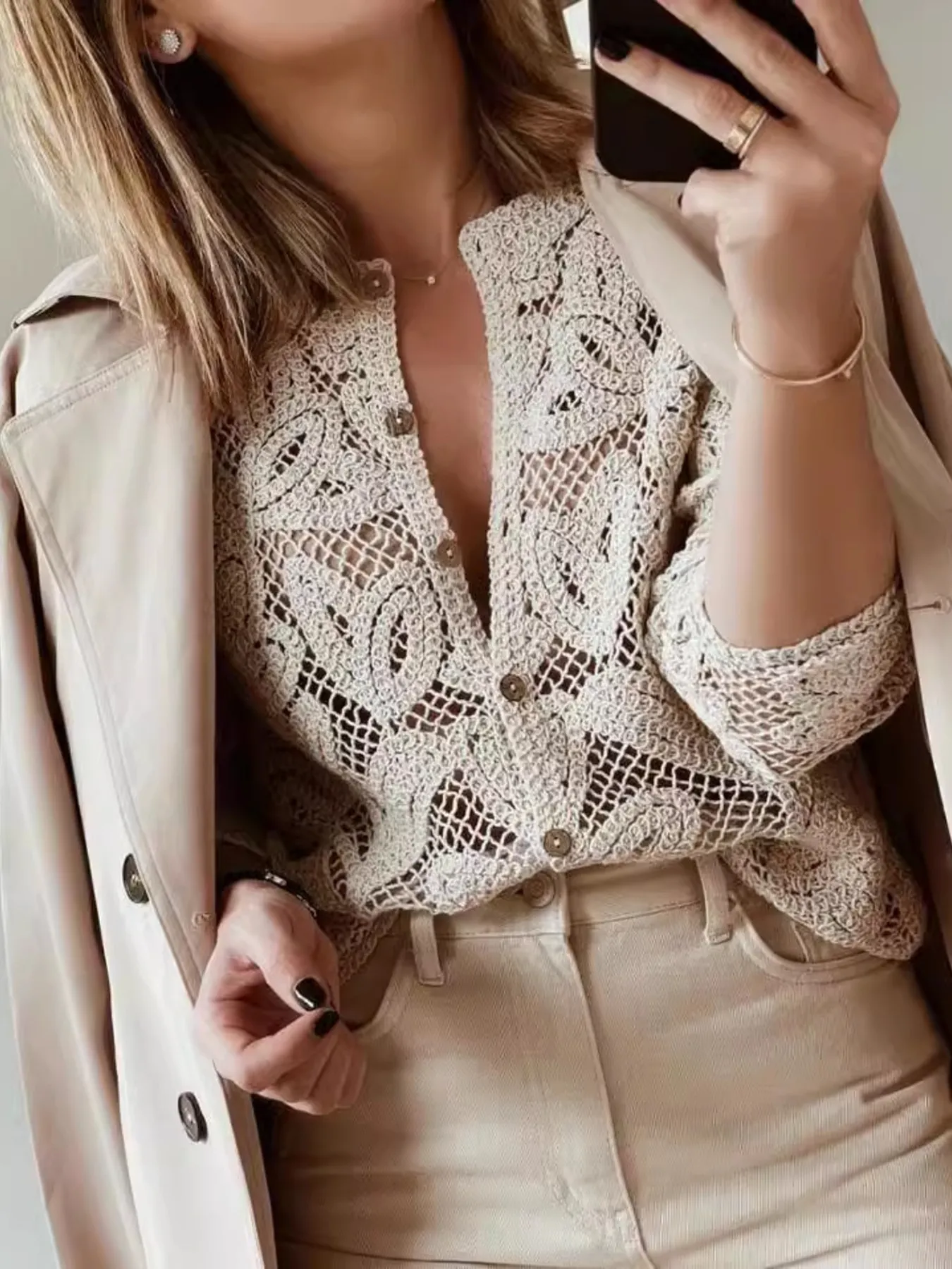 Lace Button-Up Long Sleeve Shirt - Image 2