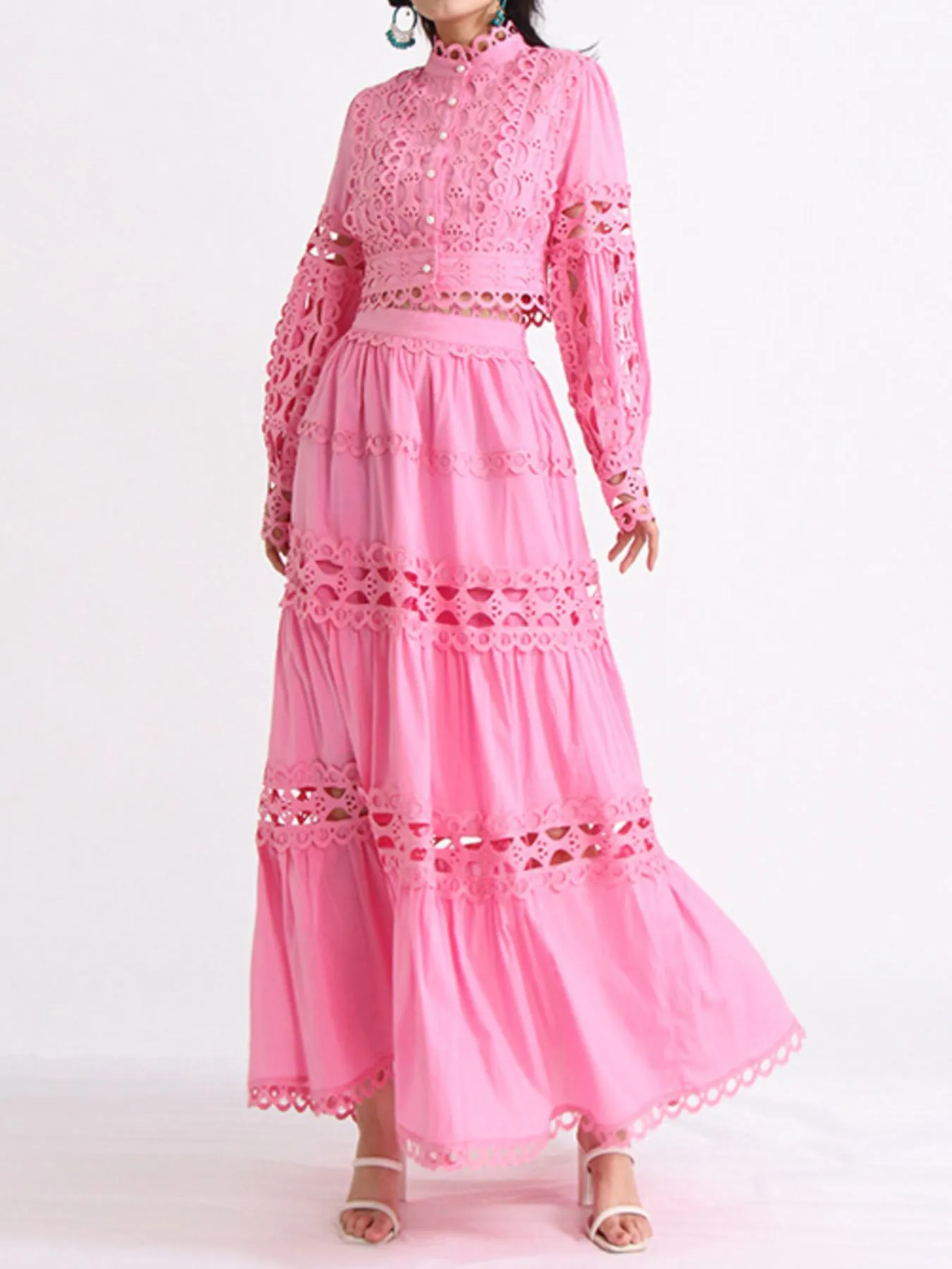 Lace Button Up Long Sleeve Top and Skirt Set - Image 3