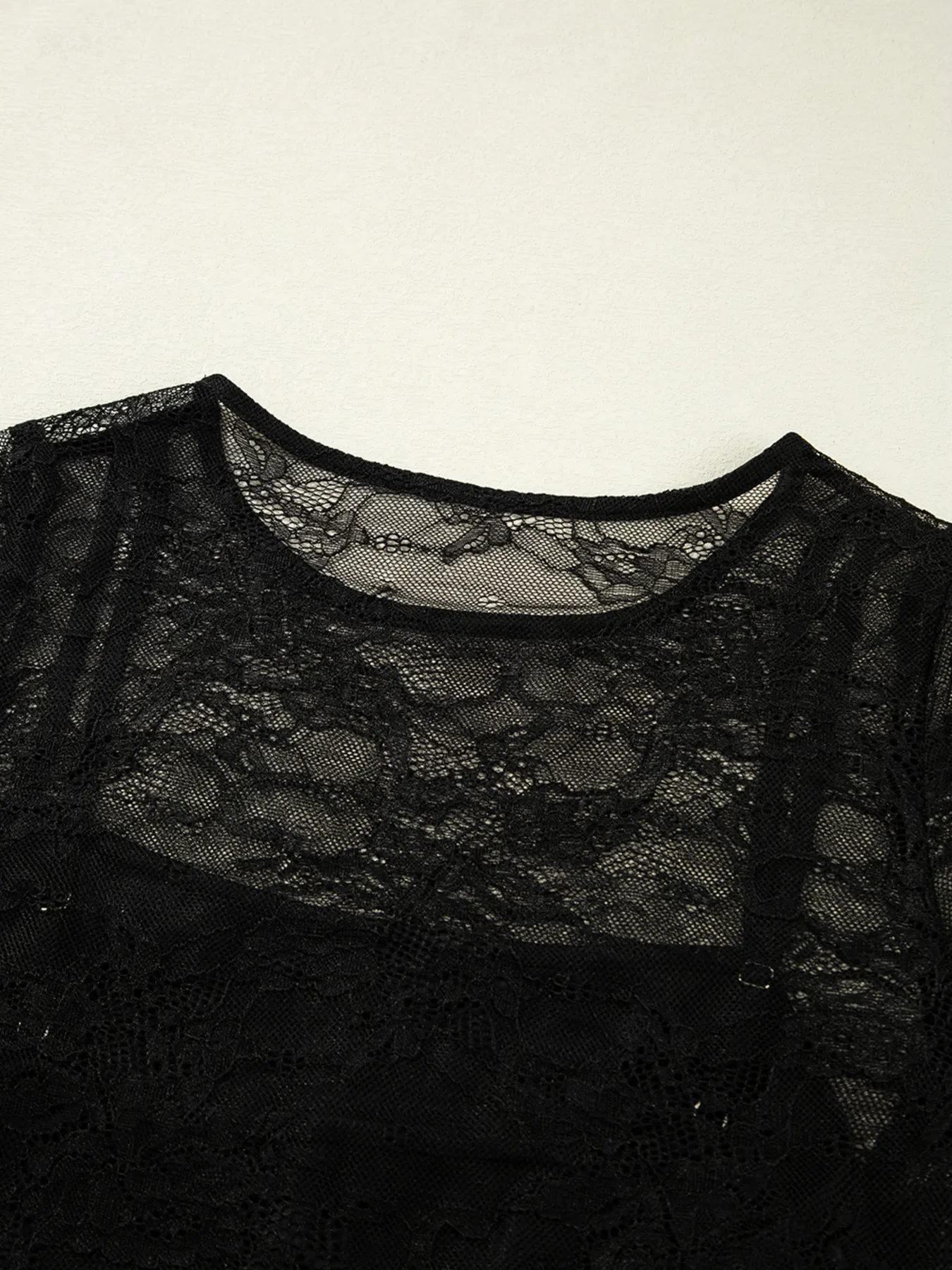 Lace Crochet Mesh Patched Slim Fit Long Sleeve Top - Image 9