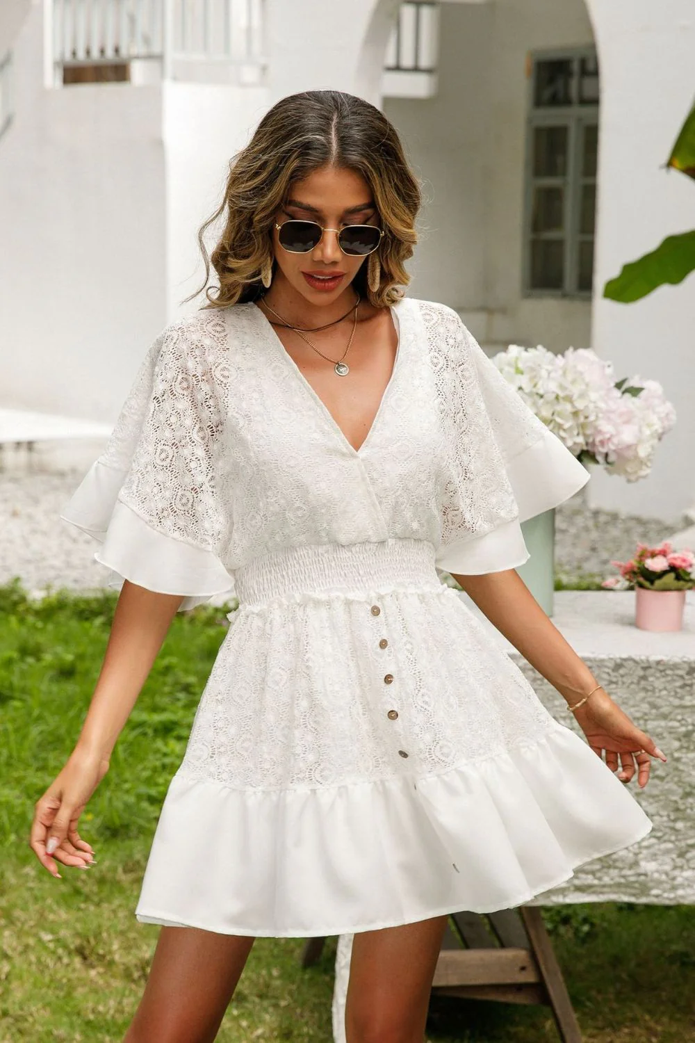 Lace Cutout Surplice Half Sleeve Dress - Image 3