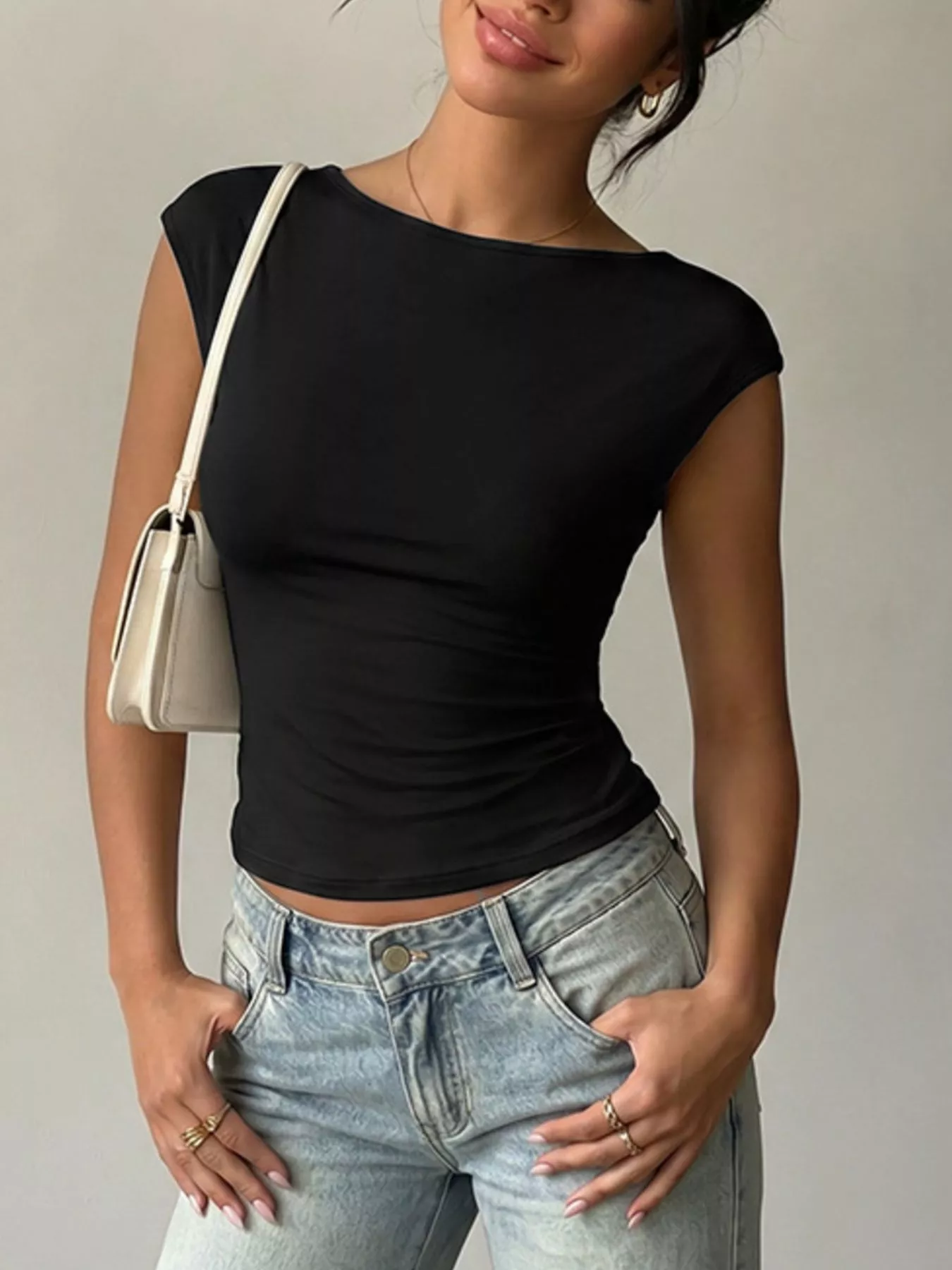 Lace Detail Cap-Sleeve T-Shirt
