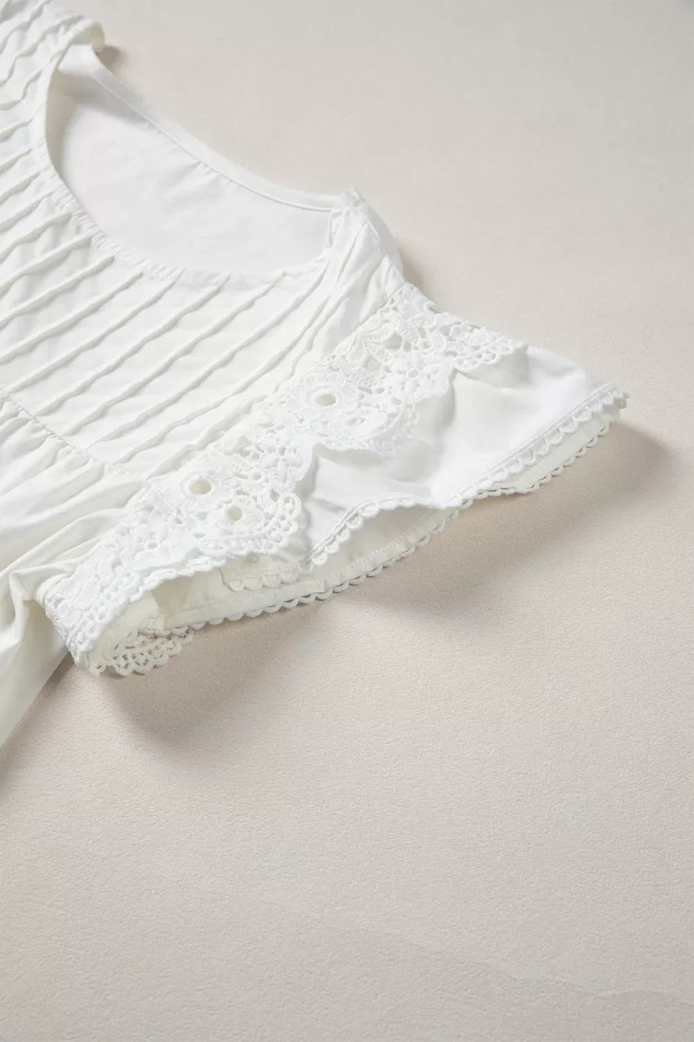 Lace Detail Flutter Sleeve Pleated Round Neck Blouse - Image 14