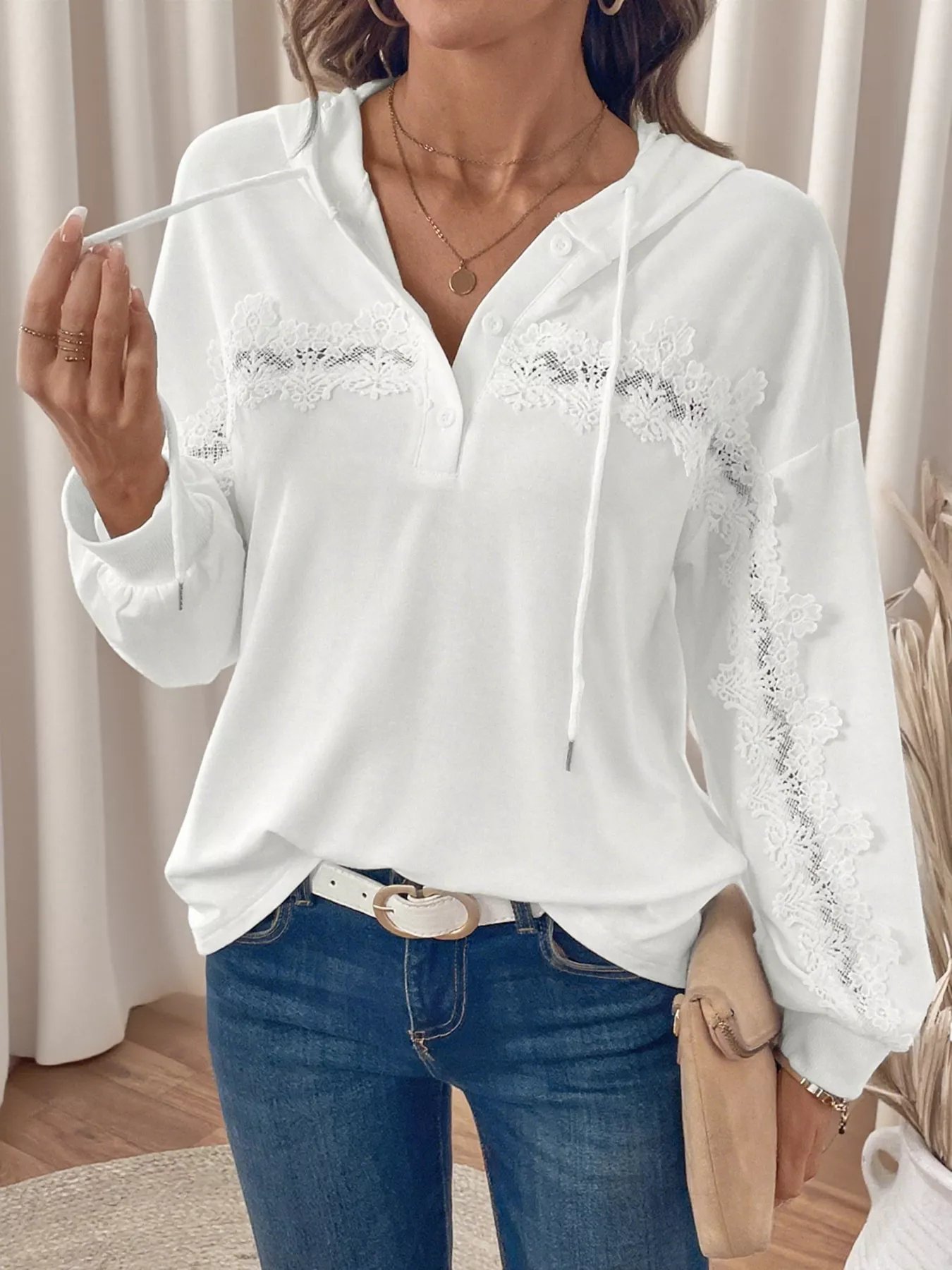 Lace Detail Long Sleeve Drawstring Hoodie - Image 5