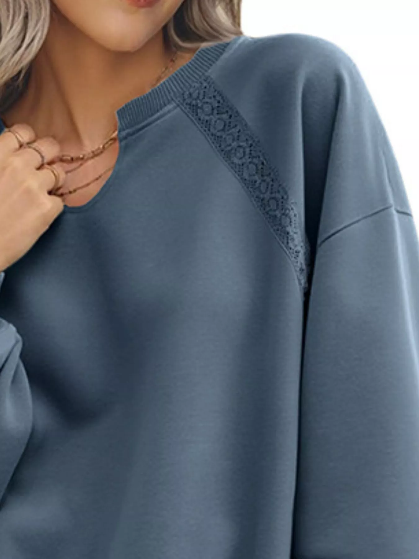 Lace Detail Notched Long Sleeve Sweatshirt - Image 17