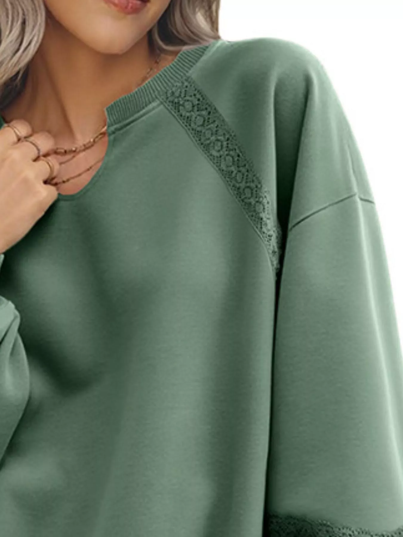 Lace Detail Notched Long Sleeve Sweatshirt - Image 20