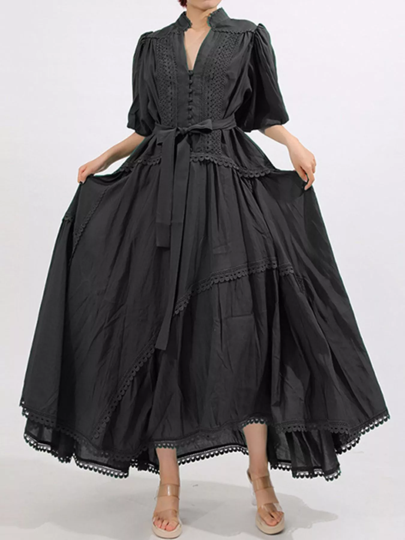 Lace Detail Notched Puff Sleeve Maxi Dress - Image 11