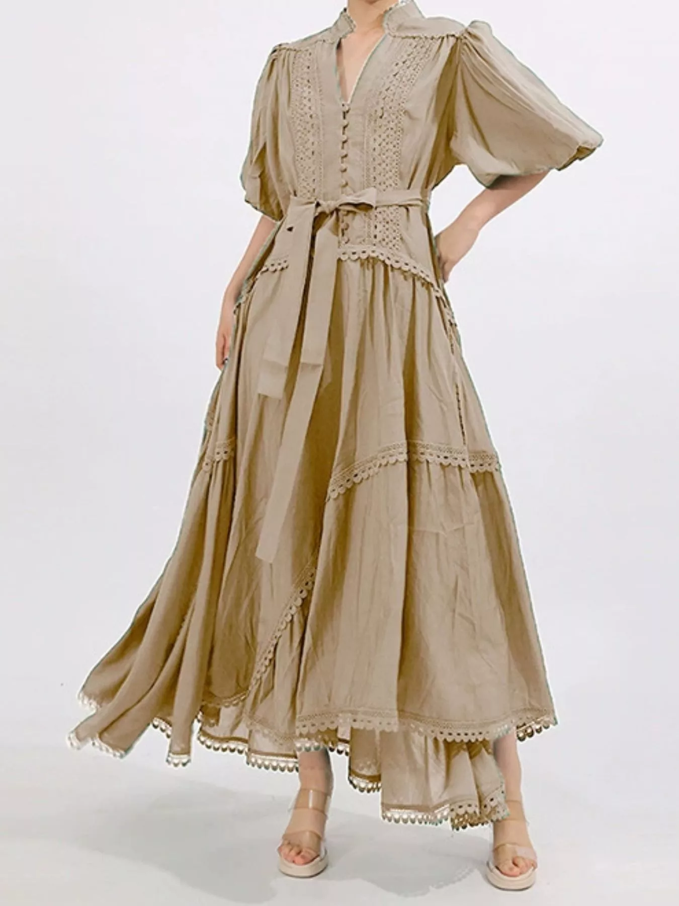 Lace Detail Notched Puff Sleeve Maxi Dress - Image 14