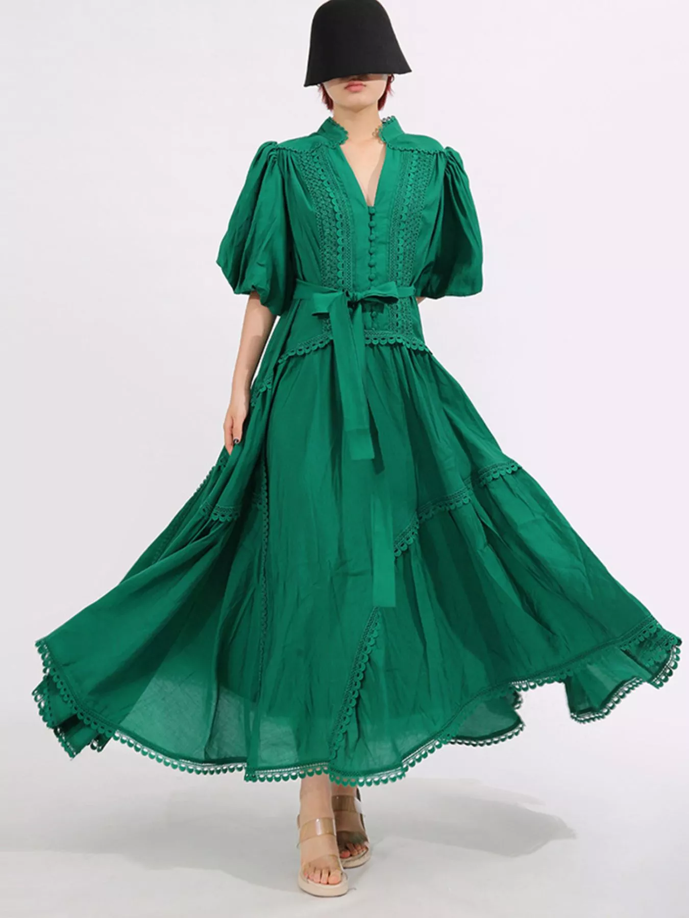 Lace Detail Notched Puff Sleeve Maxi Dress - Image 3