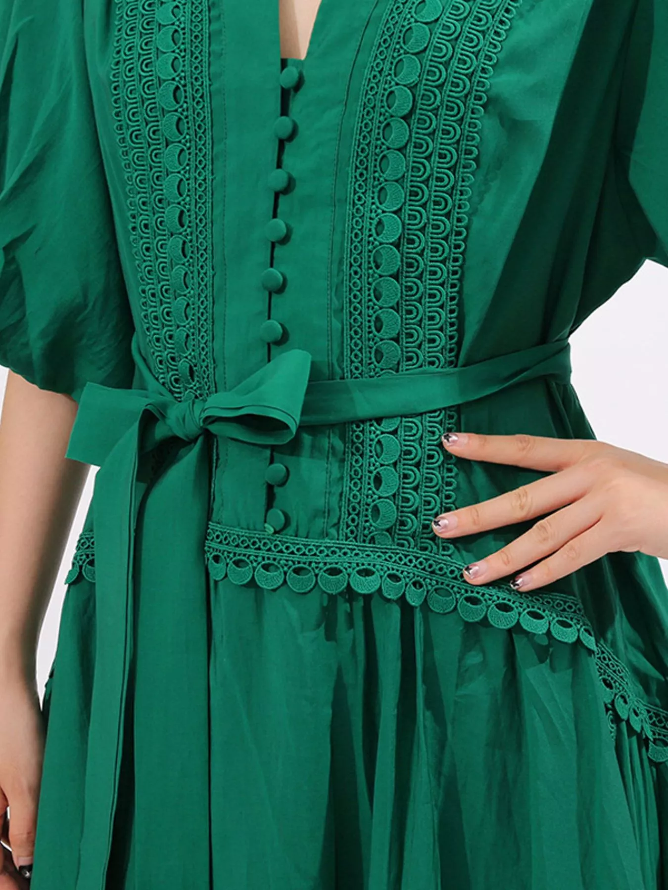 Lace Detail Notched Puff Sleeve Maxi Dress - Image 4