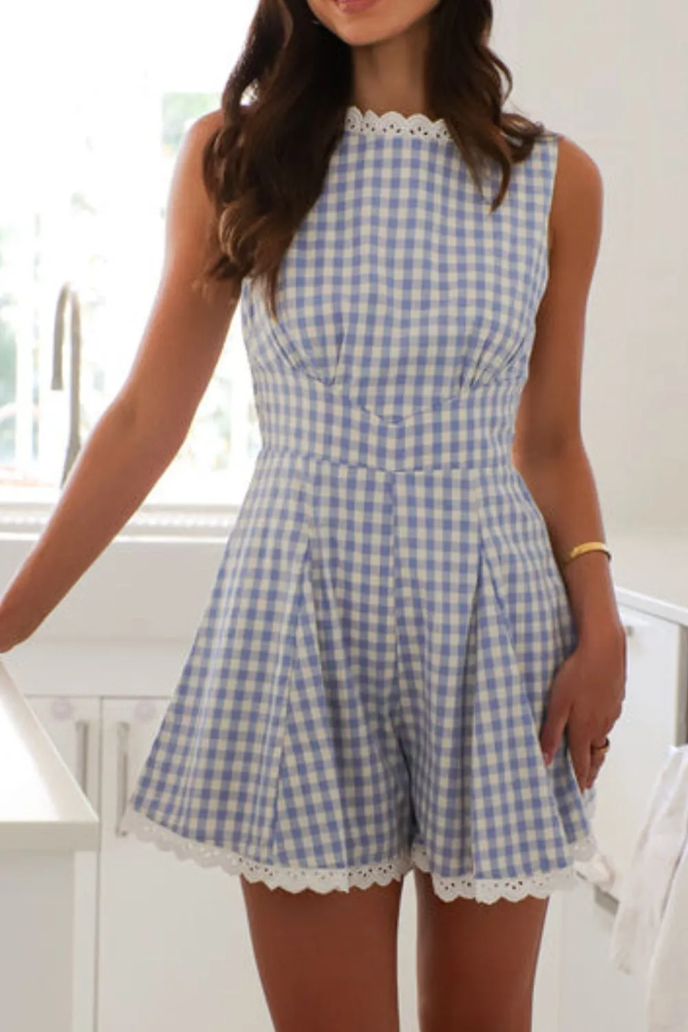 Lace Detail Plaid Sleeveless Romper - Image 19