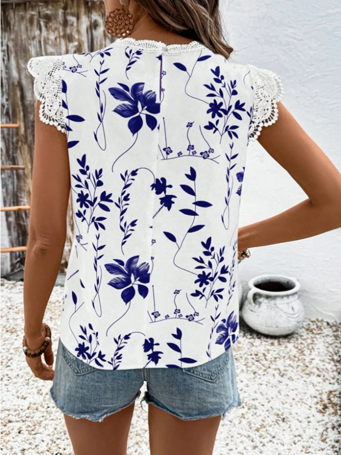 Lace Detail Printed Cap Sleeve Blouse - Image 8