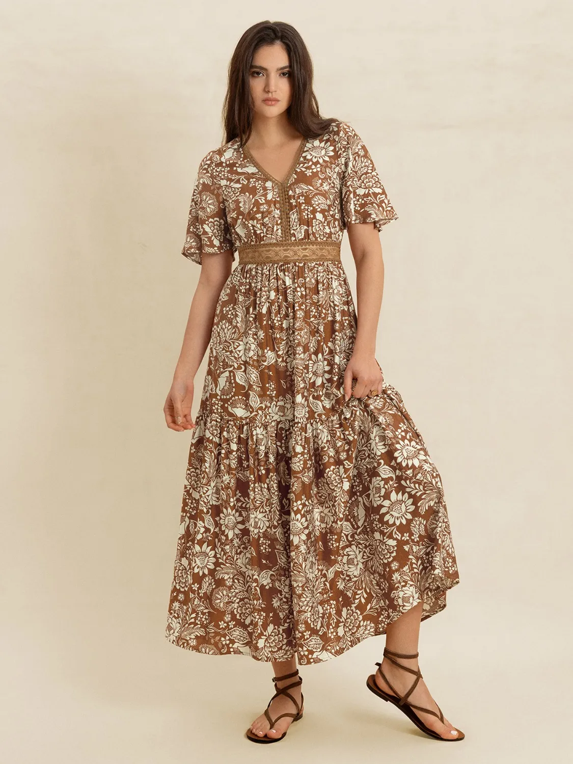 Lace Detail Printed Short Sleeve Midi Dress - Image 2