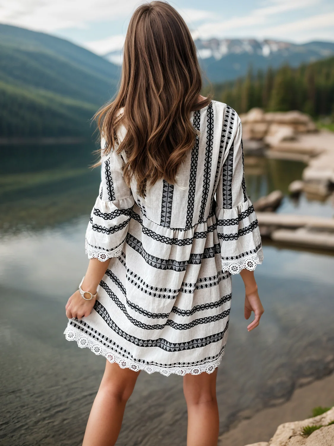 Lace Detail Printed Three-Quarter Sleeve Dress - Image 3