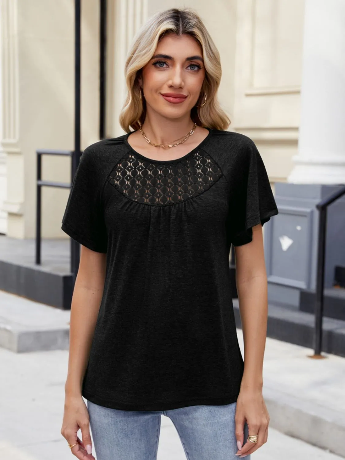 Lace Detail Round Neck Short Sleeve Blouse - Image 3