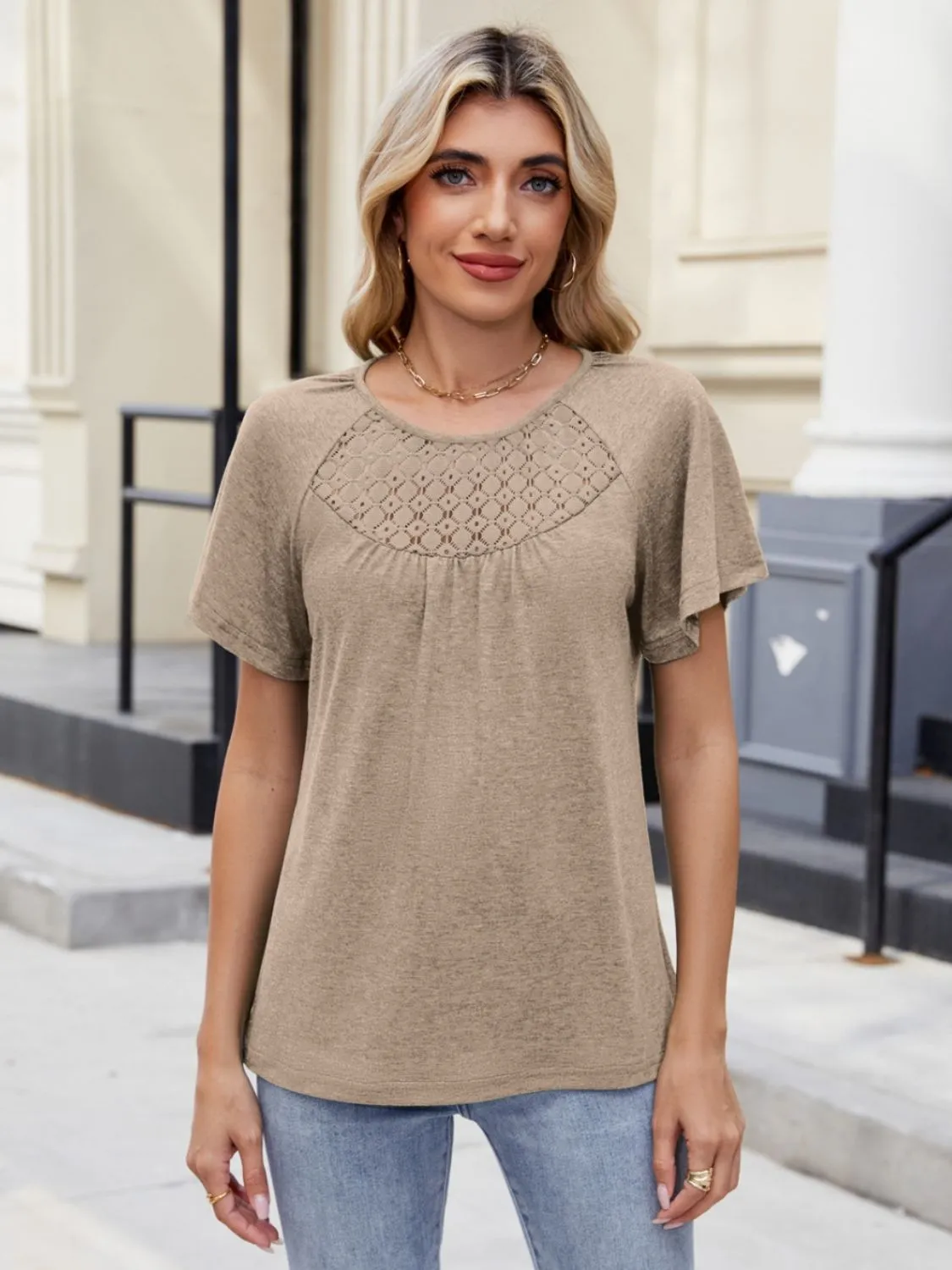 Lace Detail Round Neck Short Sleeve Blouse - Image 7