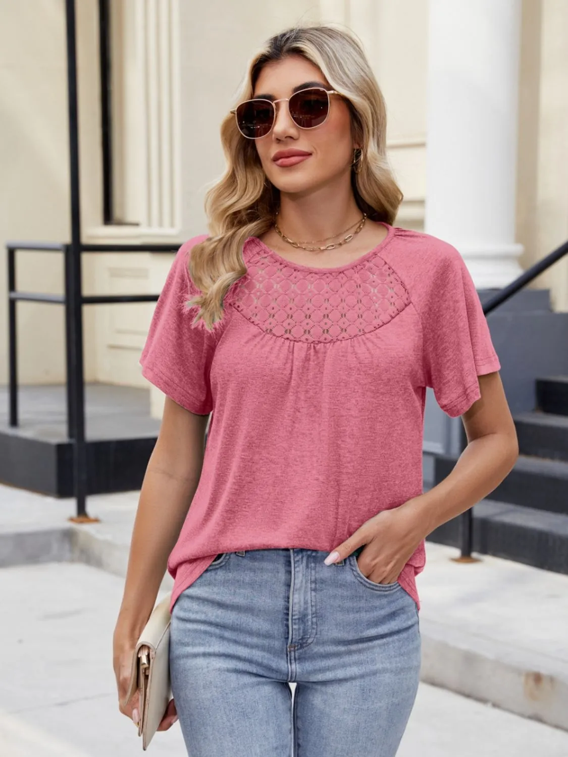 Lace Detail Round Neck Short Sleeve Blouse - Image 10