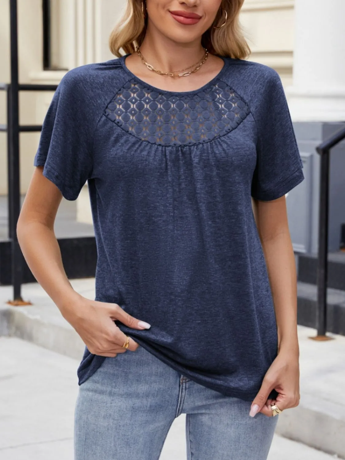 Lace Detail Round Neck Short Sleeve Blouse - Image 18