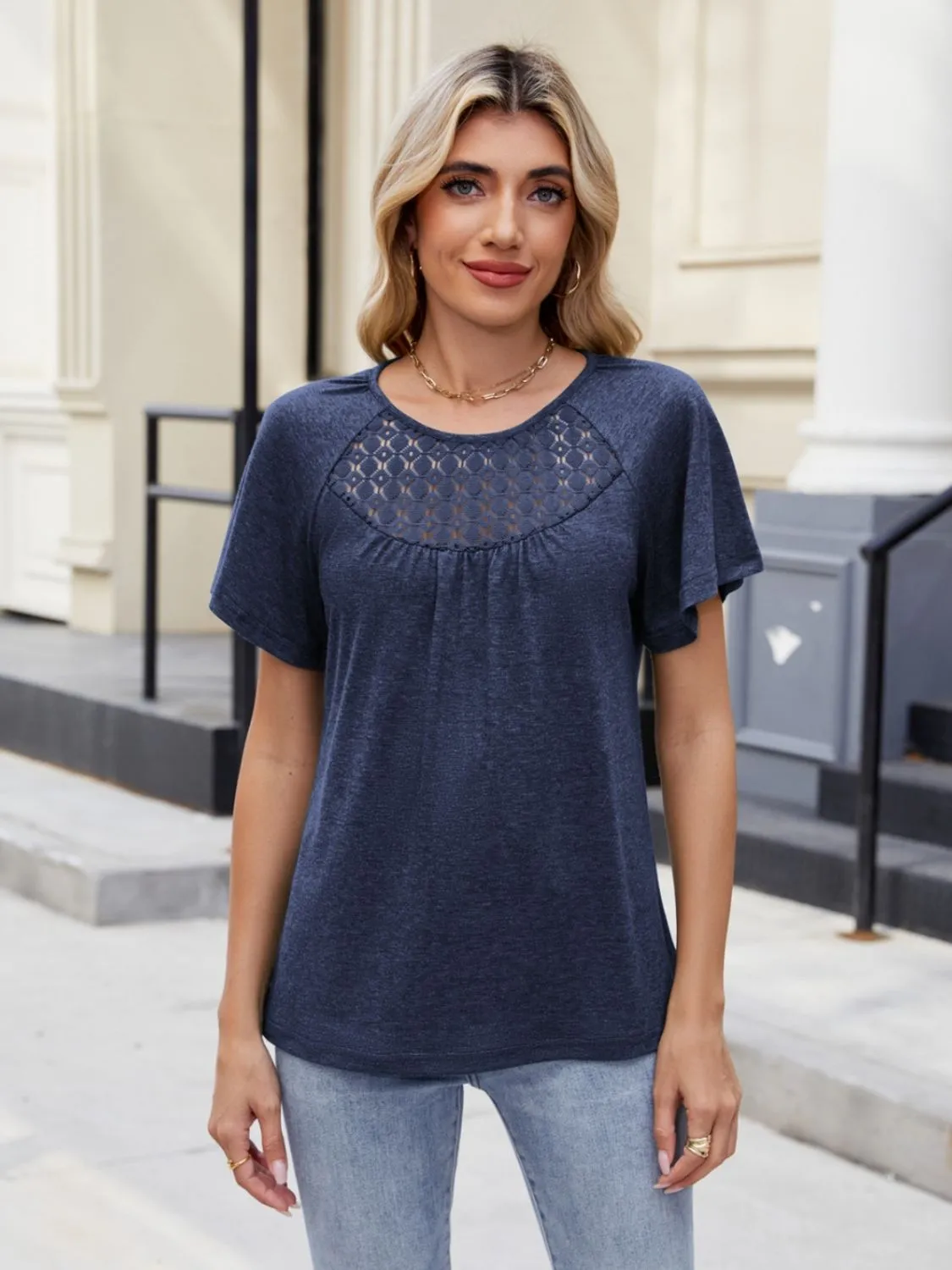 Lace Detail Round Neck Short Sleeve Blouse - Image 20