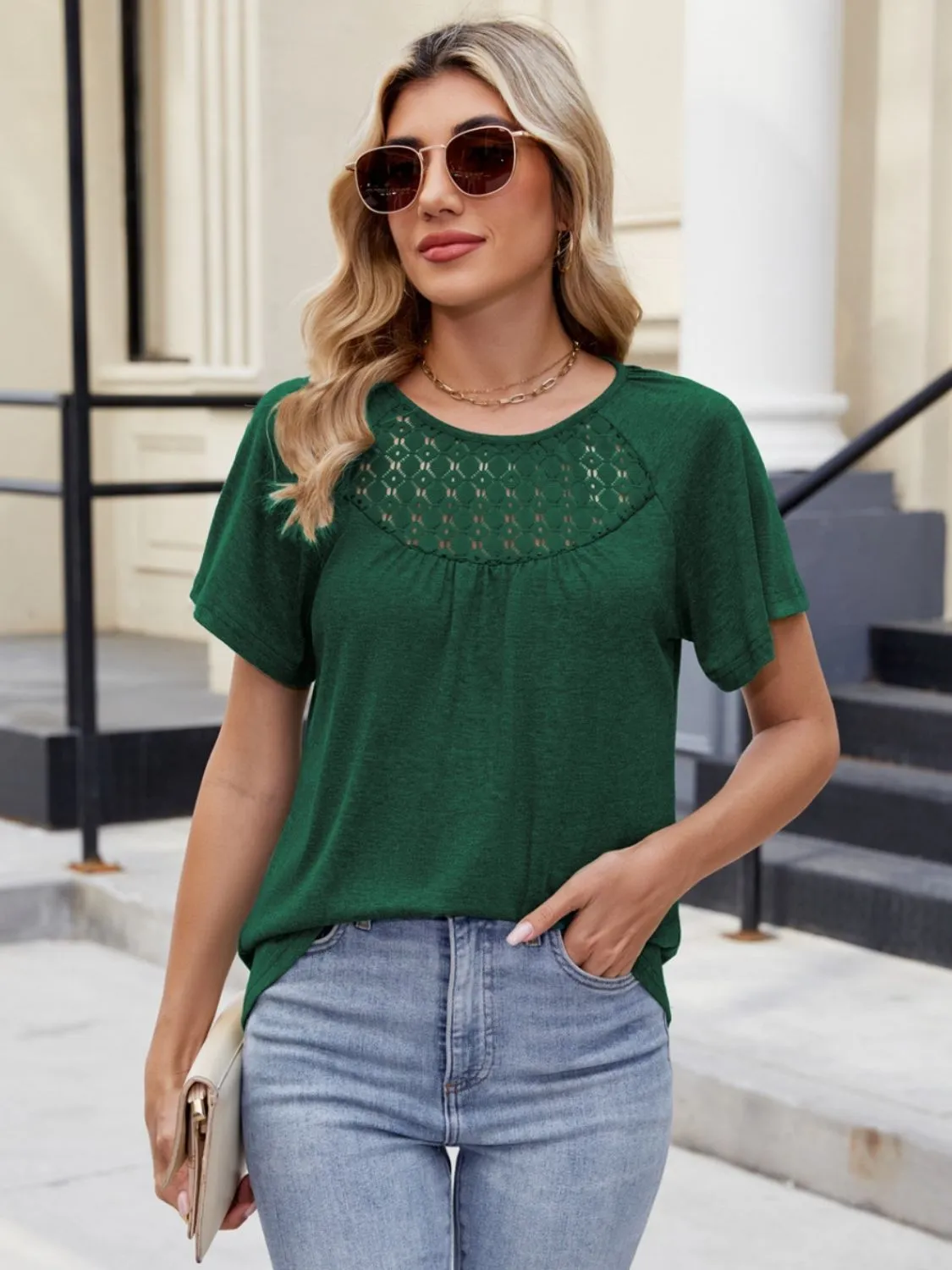 Lace Detail Round Neck Short Sleeve Blouse - Image 5