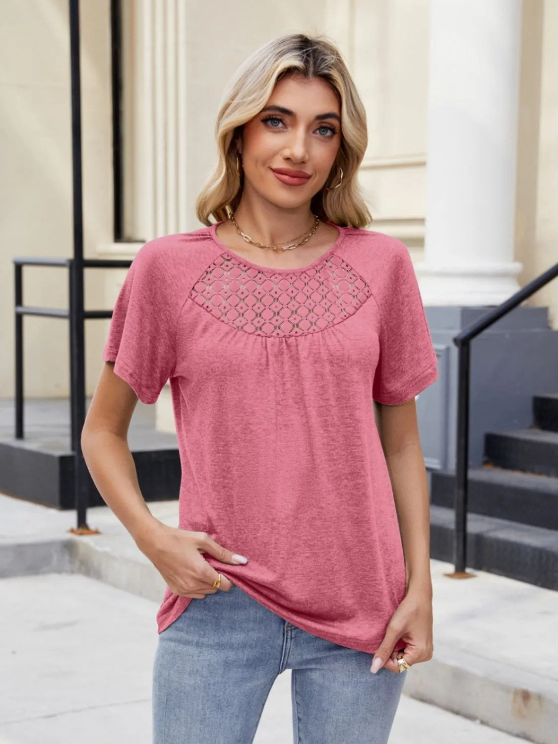 Lace Detail Round Neck Short Sleeve Blouse - Image 9