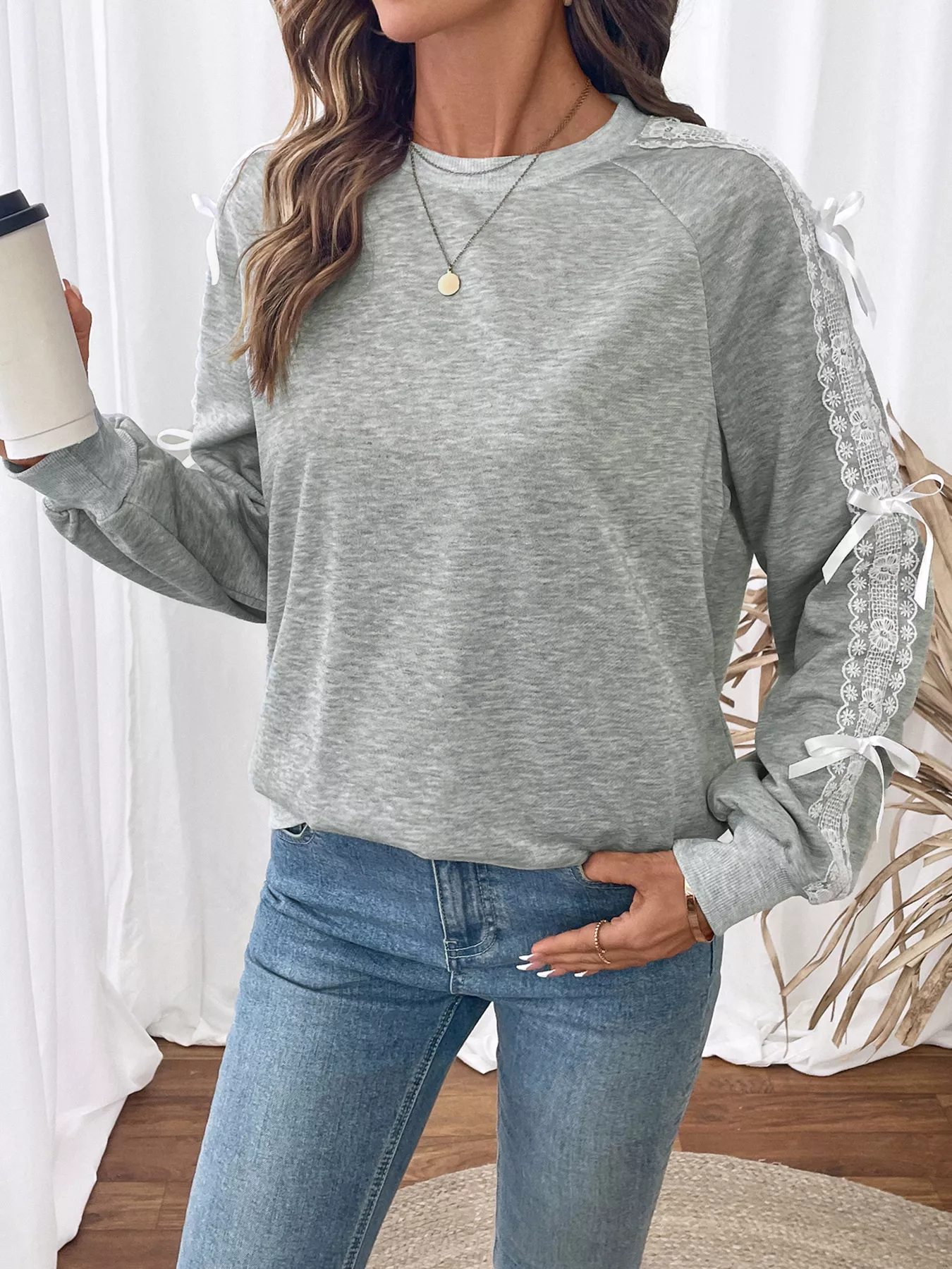 Lace Detail Round Neck Sweatshirt - Image 3