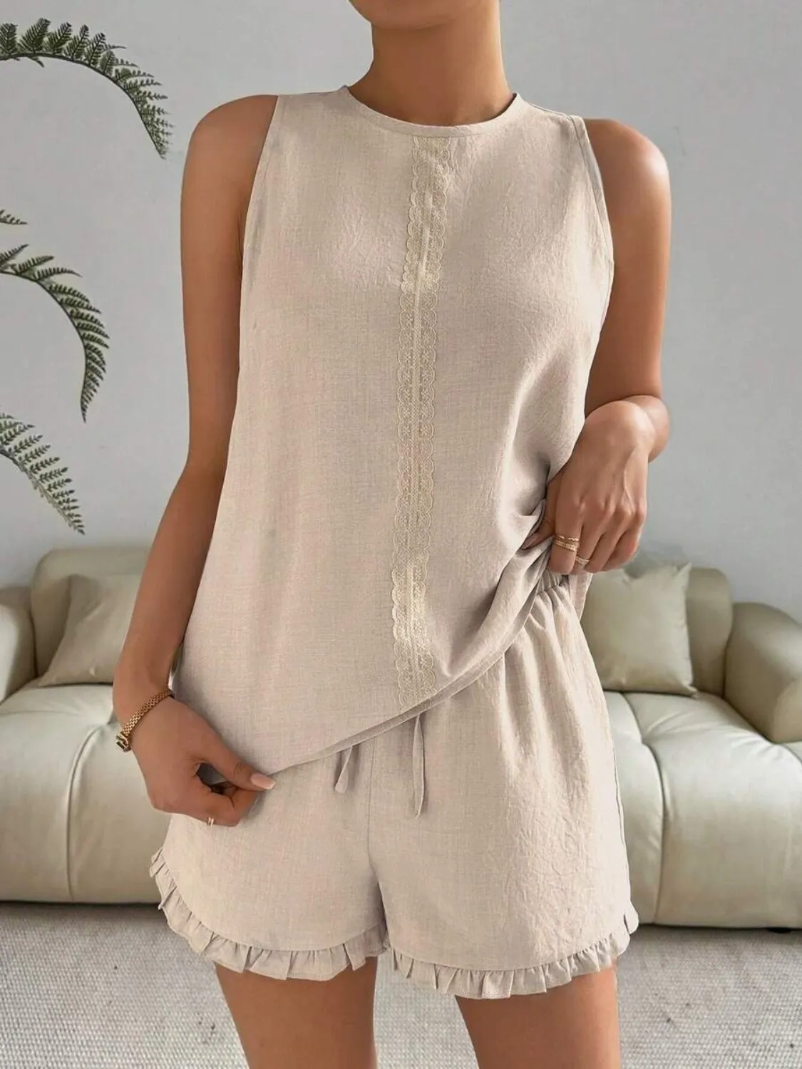 Lace Detail Round Neck Tank and Shorts Set