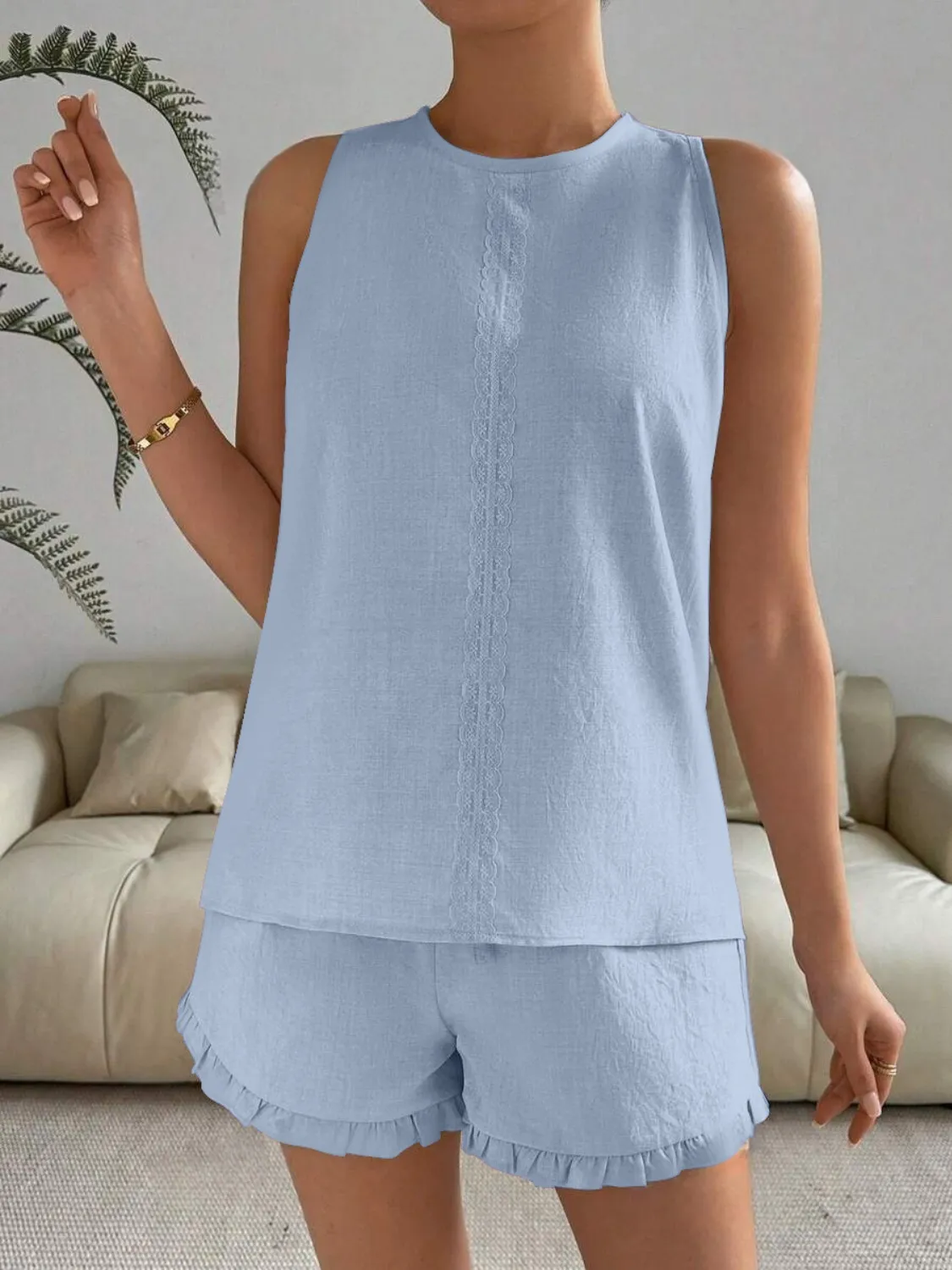 Lace Detail Round Neck Tank and Shorts Set - Image 10