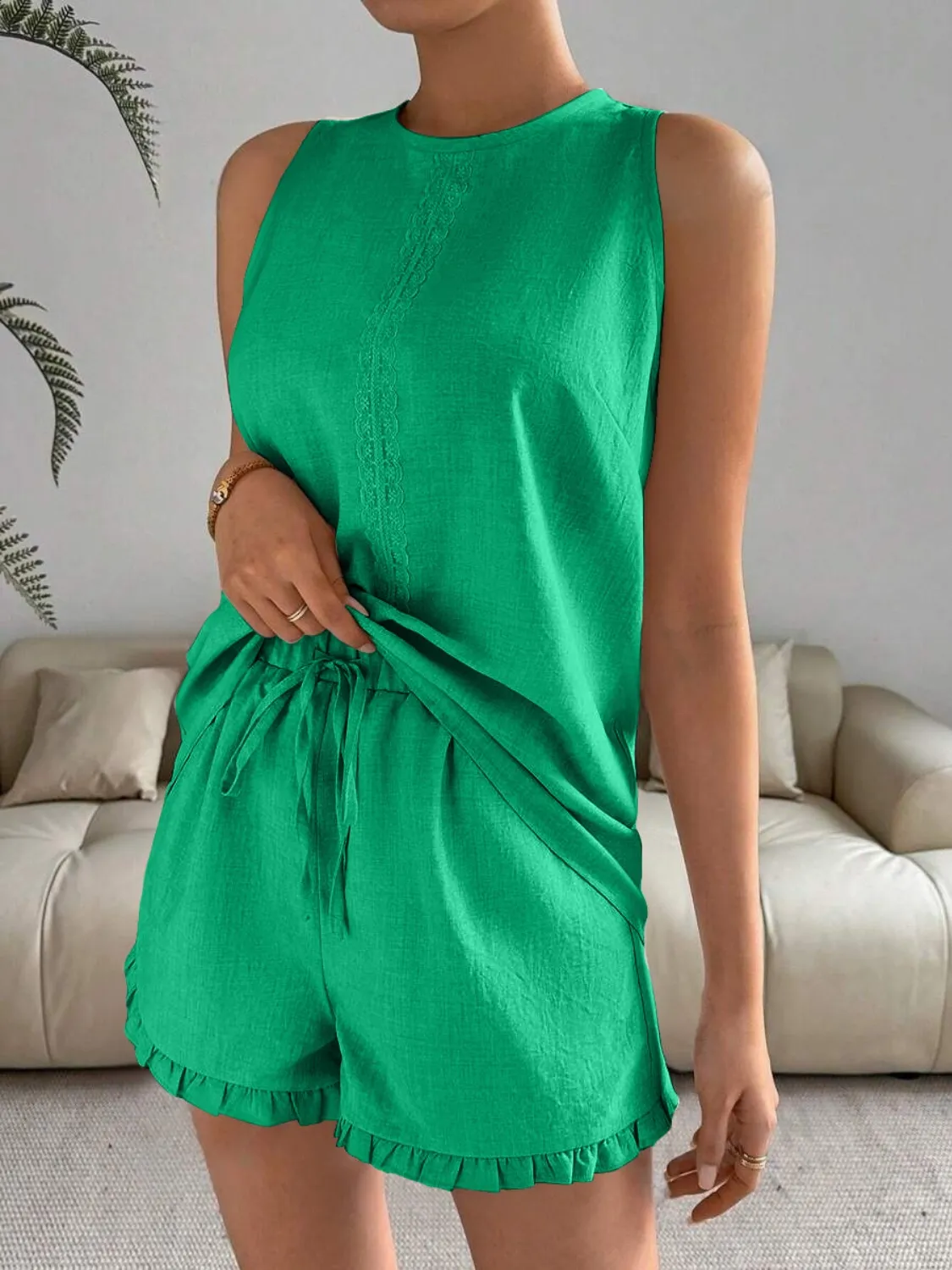 Lace Detail Round Neck Tank and Shorts Set - Image 15