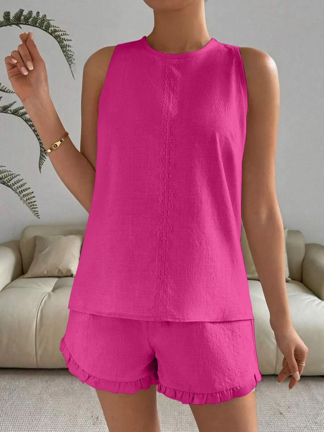 Lace Detail Round Neck Tank and Shorts Set - Image 21