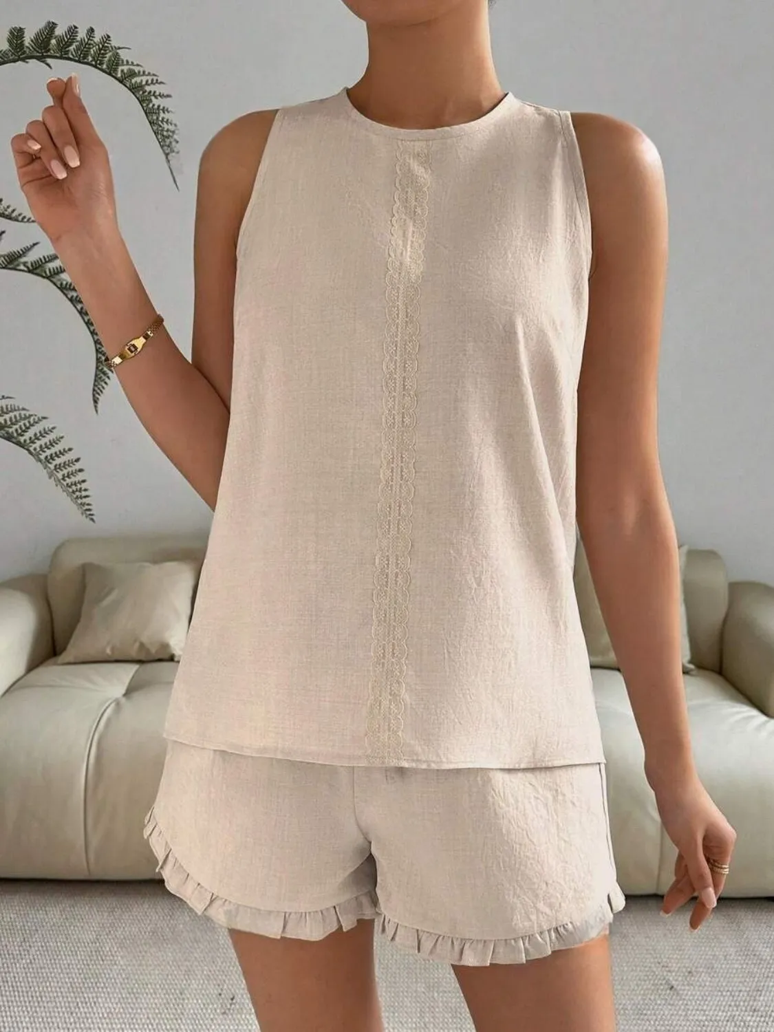 Lace Detail Round Neck Tank and Shorts Set - Image 4