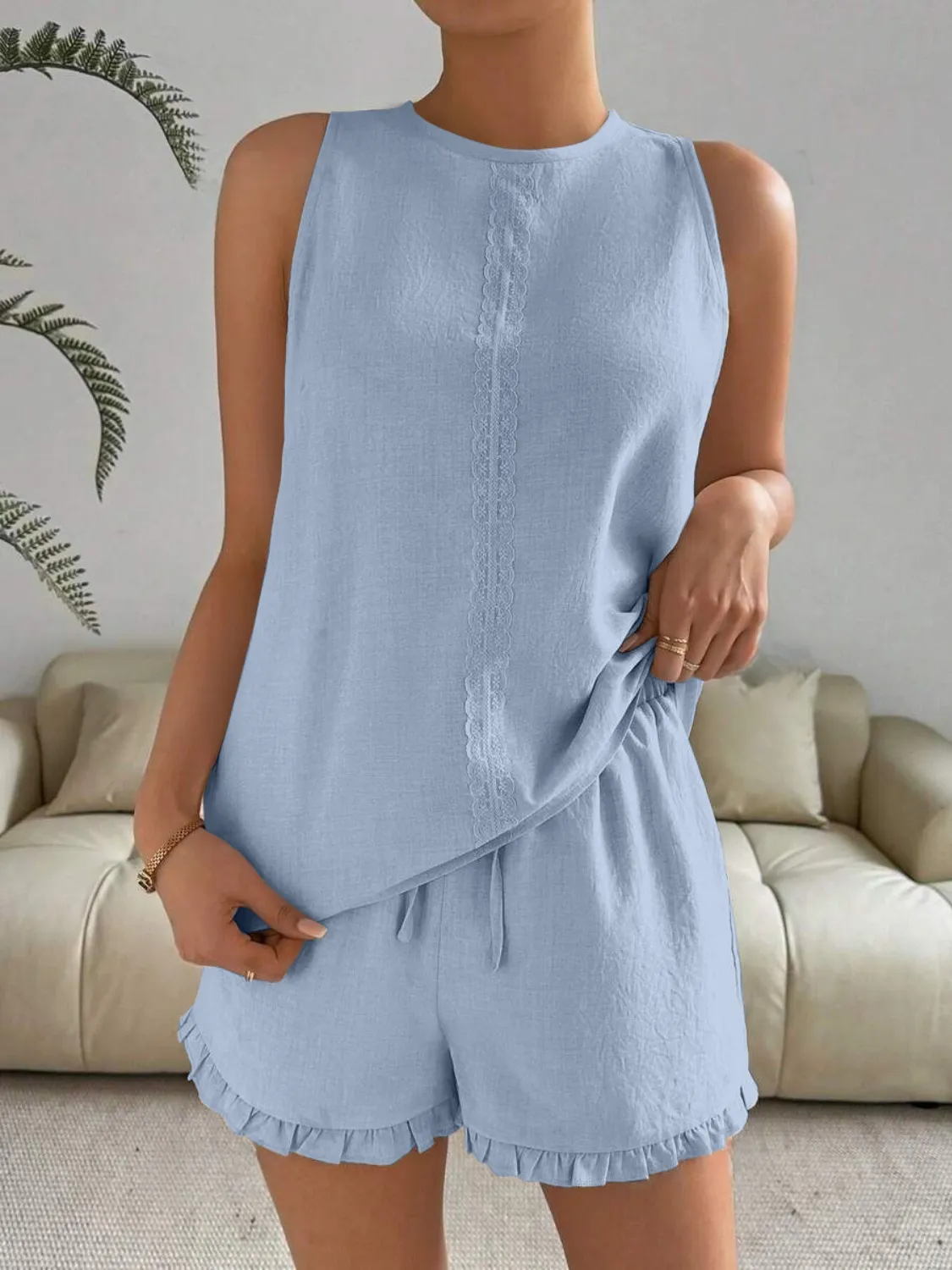 Lace Detail Round Neck Tank and Shorts Set - Image 8