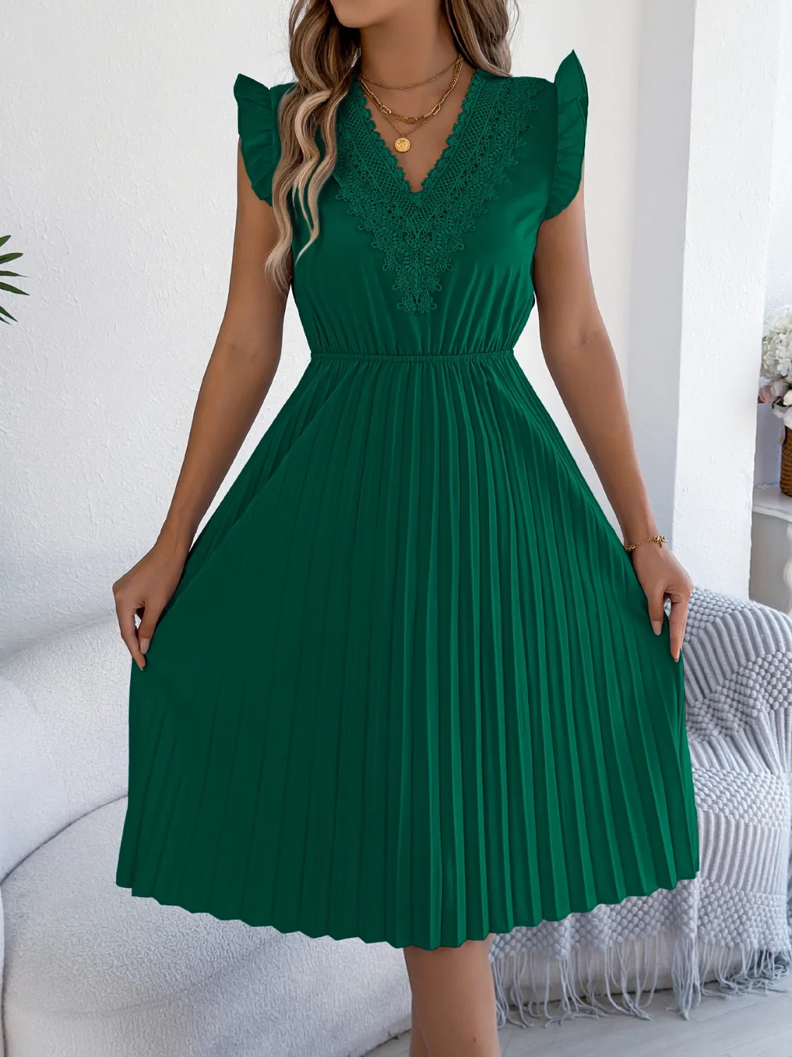 Lace Detail Ruffled Cap Sleeve Pleated Dress - Image 8