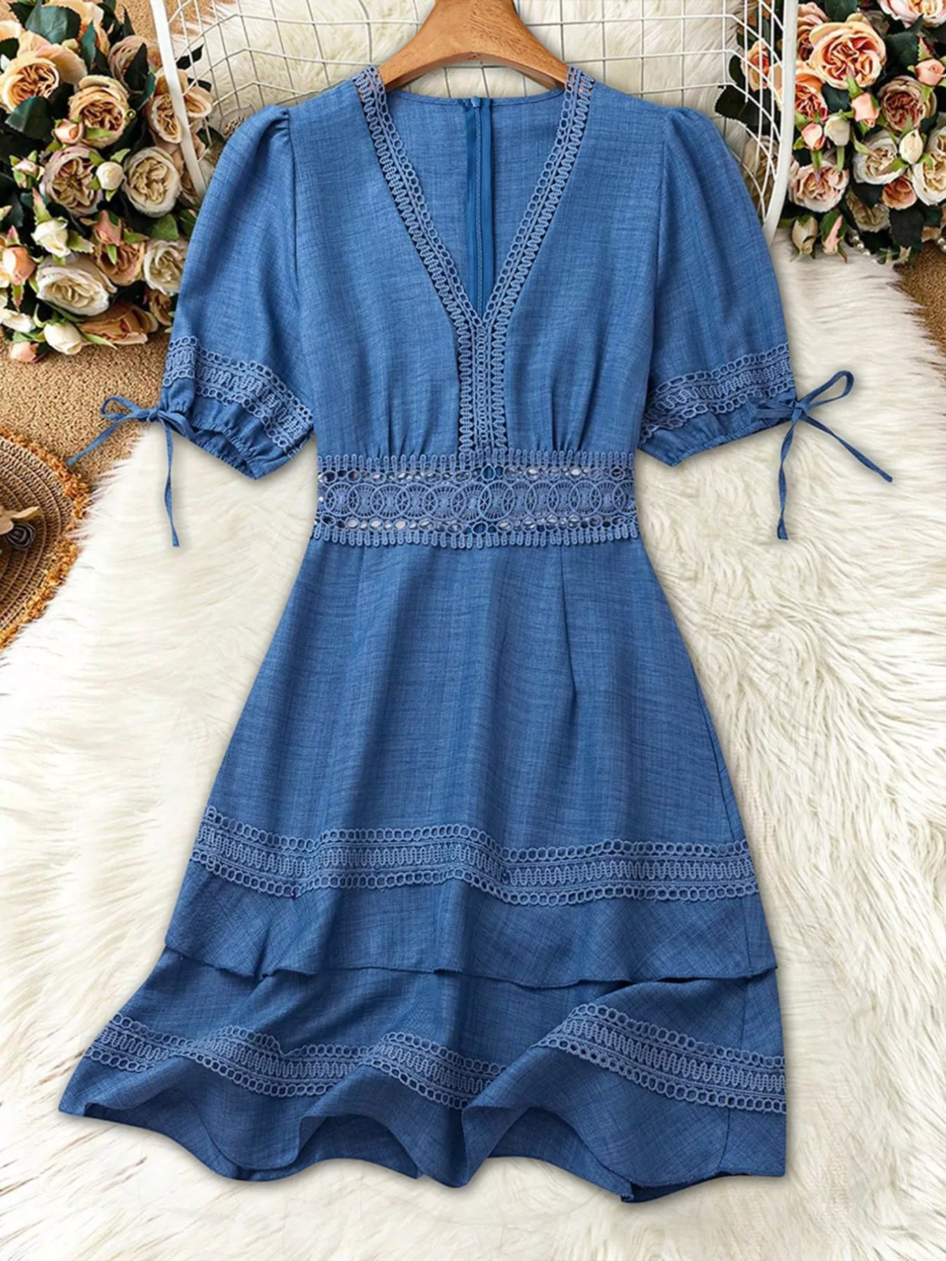 Lace Detail V-Neck Mini Dress - Image 12