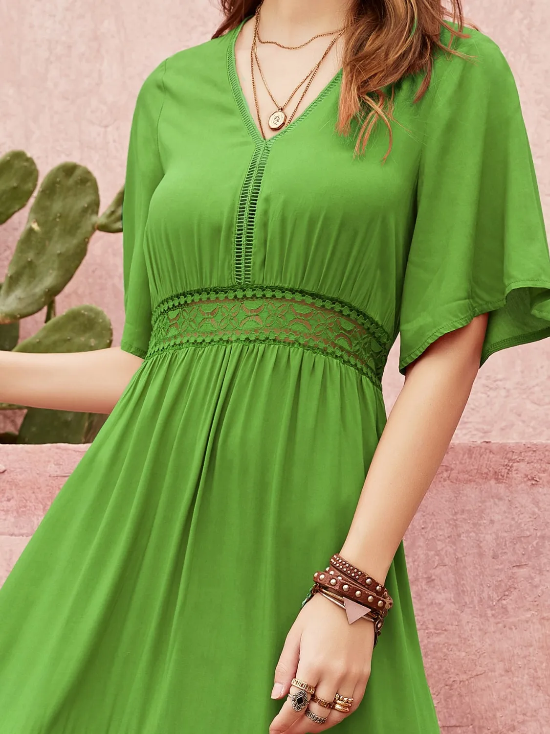 Lace Detail V-Neck Short Sleeve Dress - Image 2