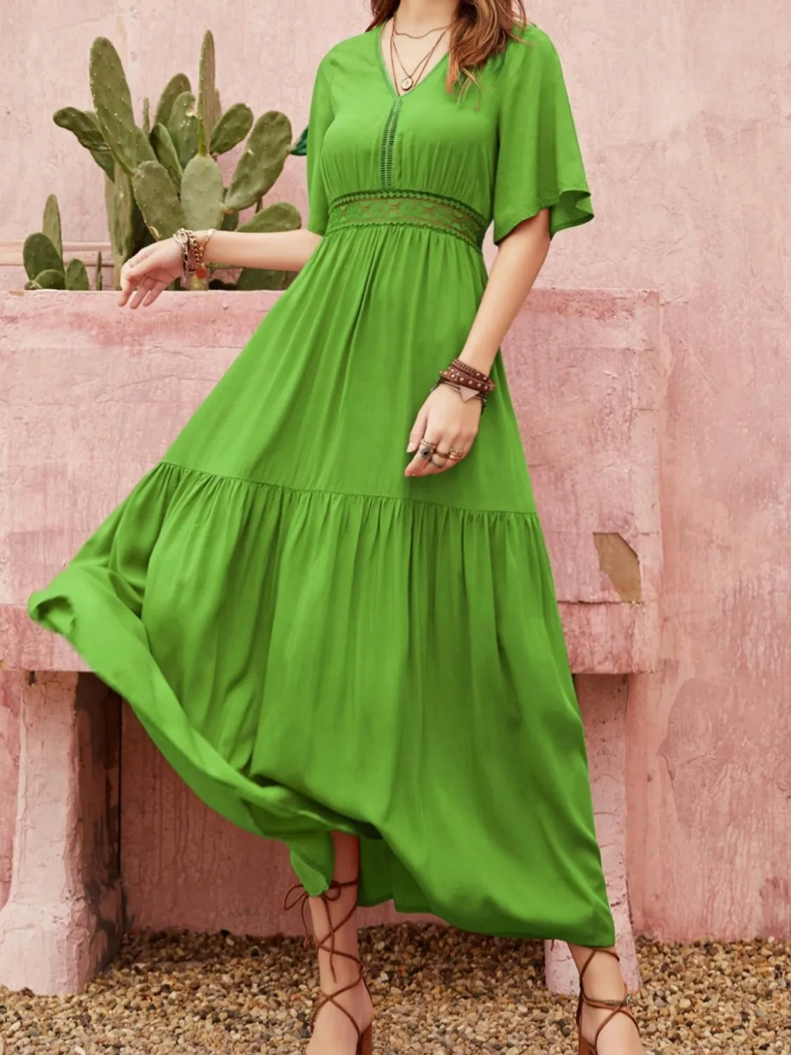 Lace Detail V-Neck Short Sleeve Dress - Image 3