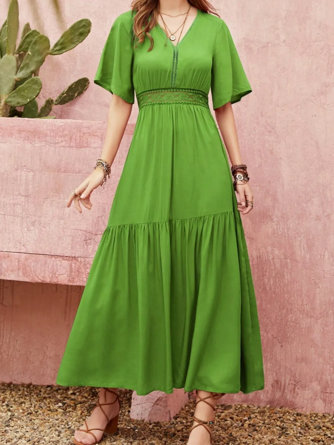 Lace Detail V-Neck Short Sleeve Dress - Image 4
