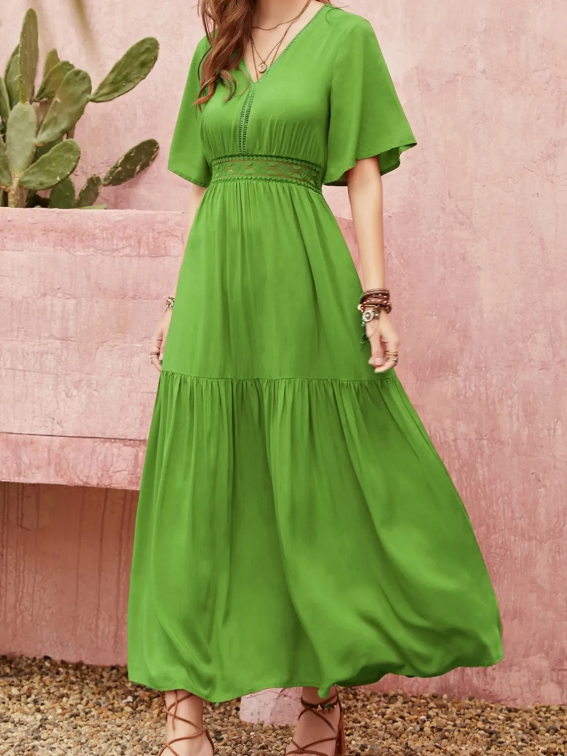 Lace Detail V-Neck Short Sleeve Dress - Image 5