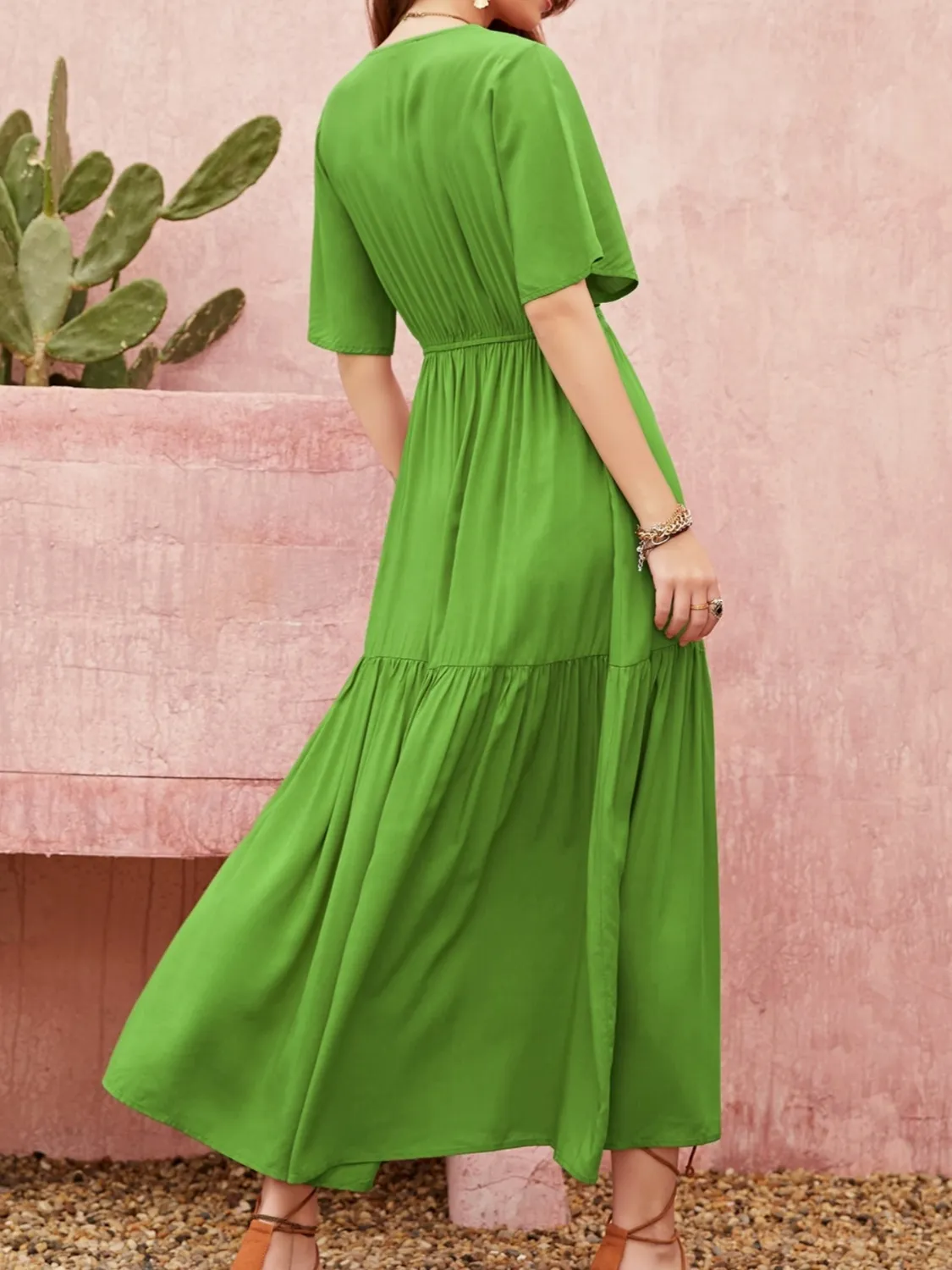 Lace Detail V-Neck Short Sleeve Dress - Image 6