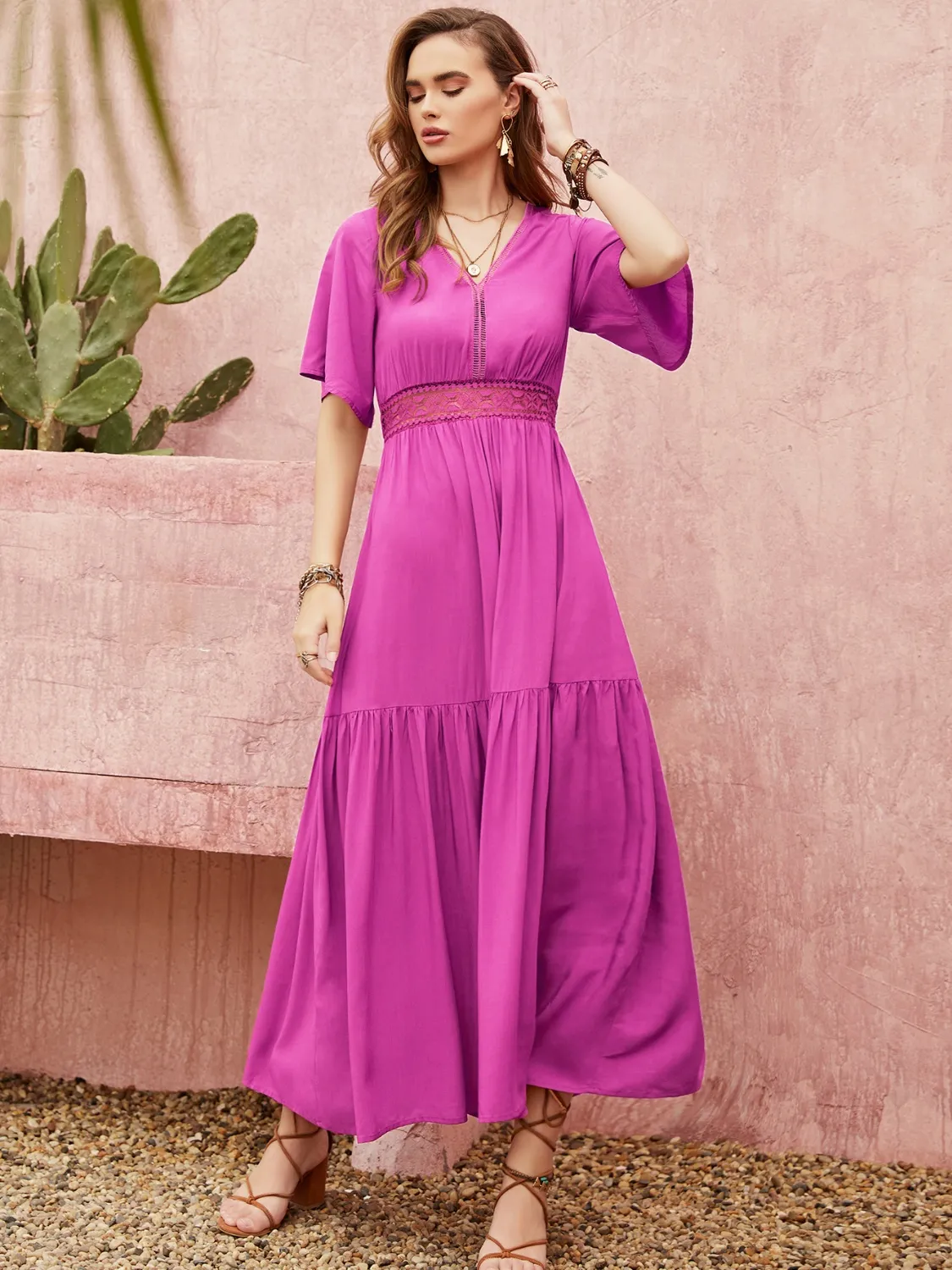 Lace Detail V-Neck Short Sleeve Midi Dress - Image 3