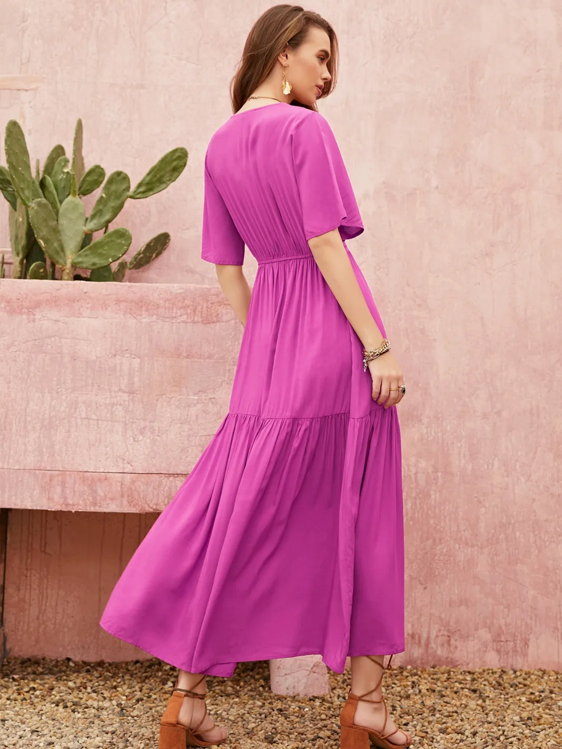 Lace Detail V-Neck Short Sleeve Midi Dress - Image 6