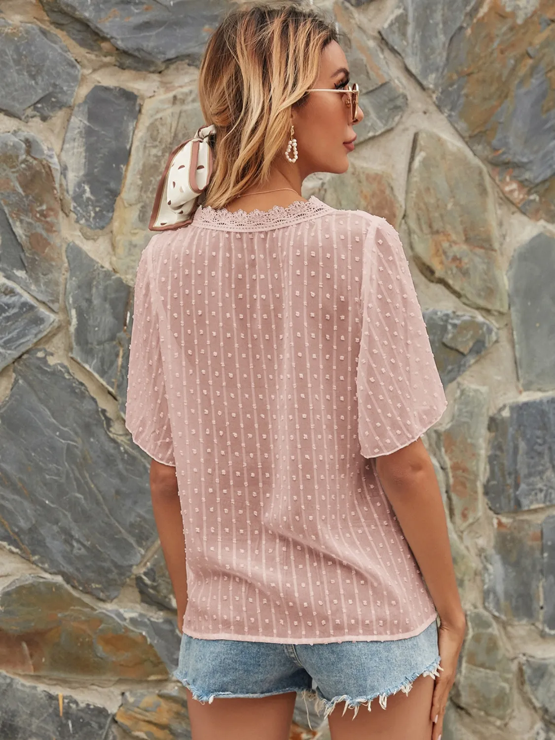 Lace Detail V-Neck Siwss Dot Blouse - Image 15