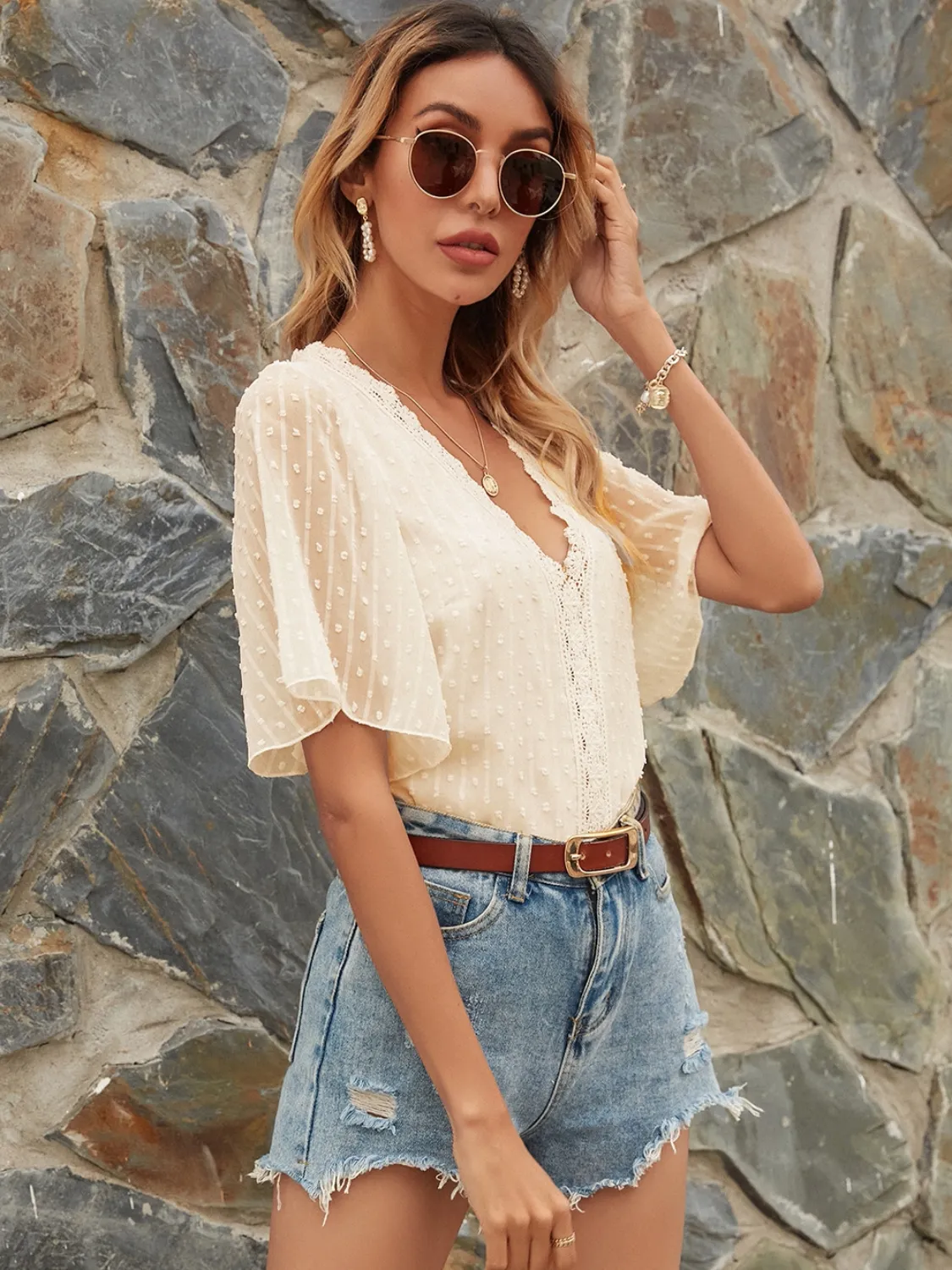 Lace Detail V-Neck Siwss Dot Blouse - Image 4
