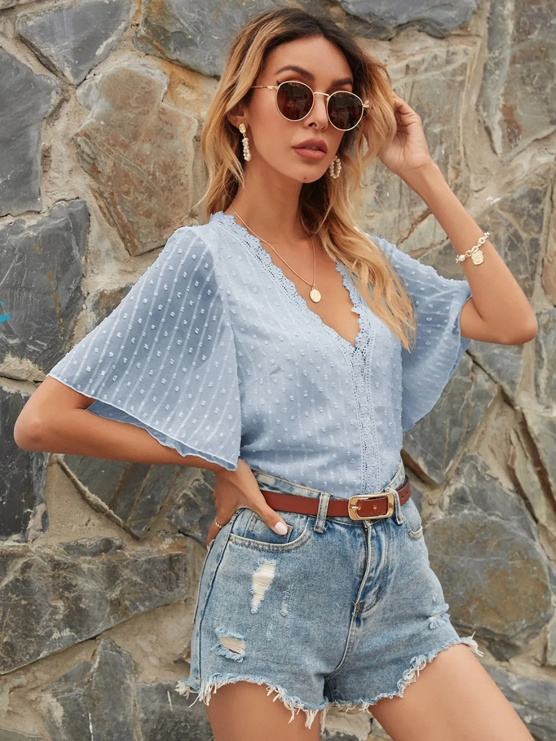 Lace Detail V-Neck Siwss Dot Blouse - Image 7
