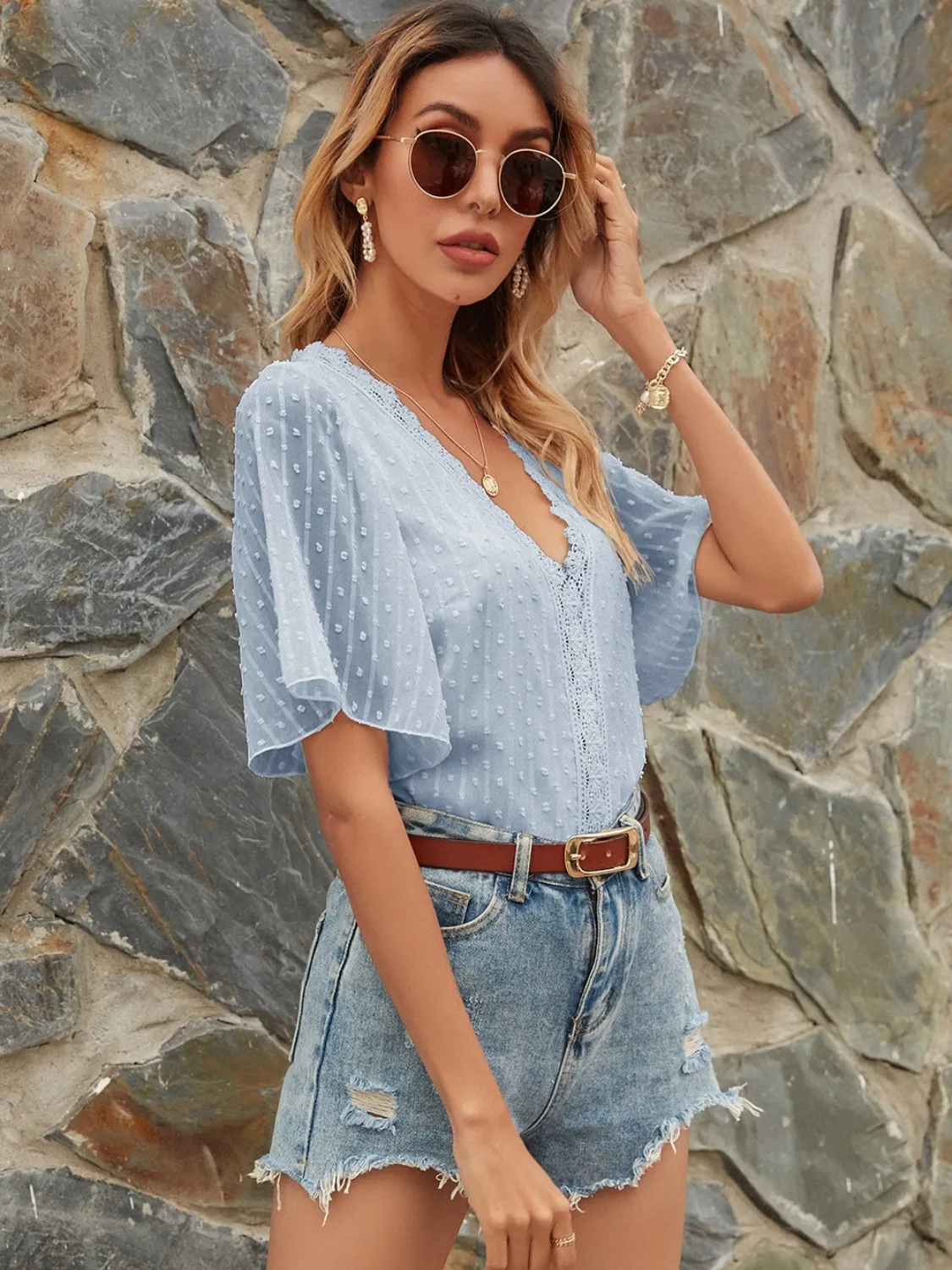 Lace Detail V-Neck Siwss Dot Blouse - Image 9