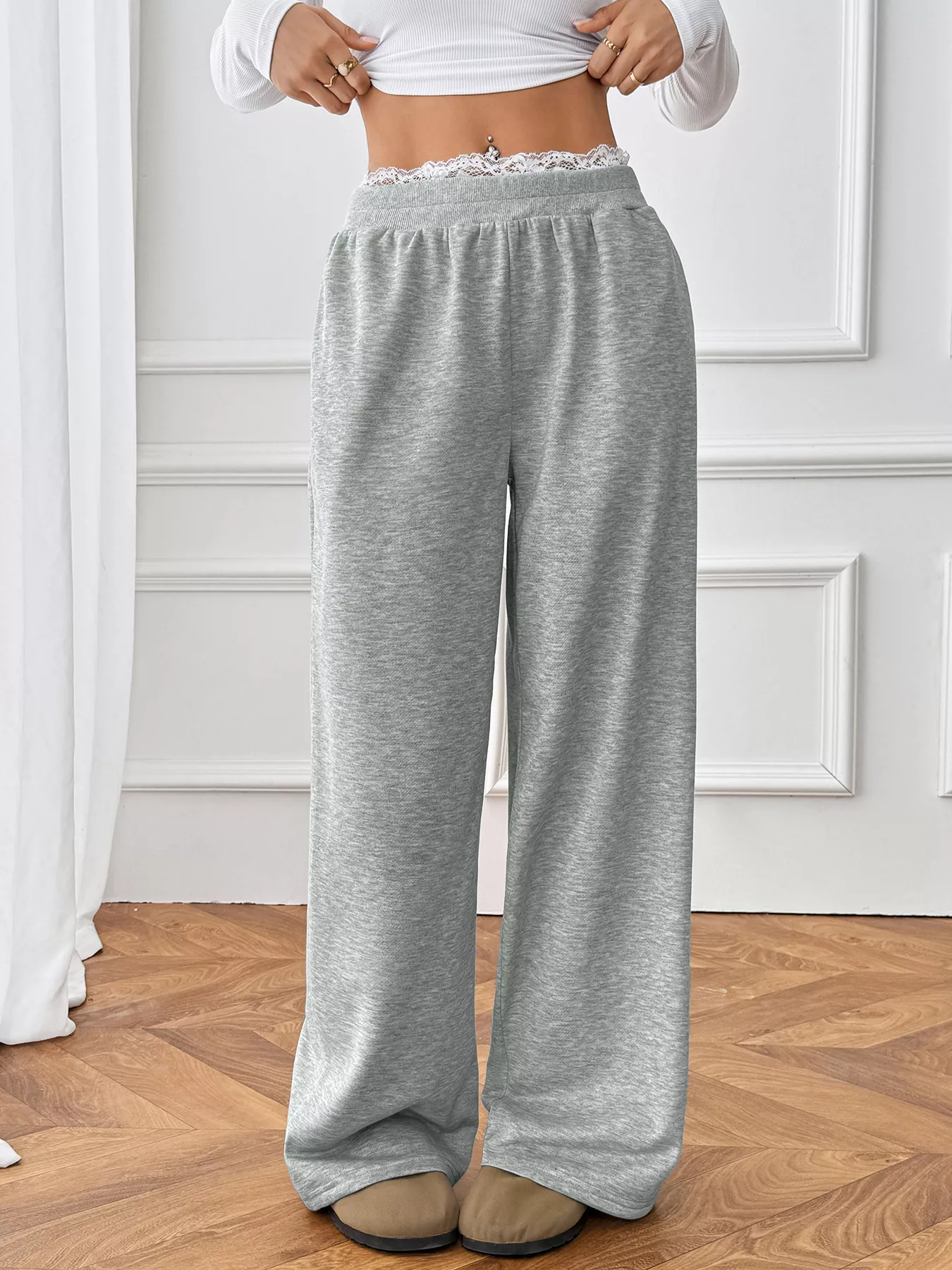 Lace Detail Wide Leg Casual Pants - Image 9