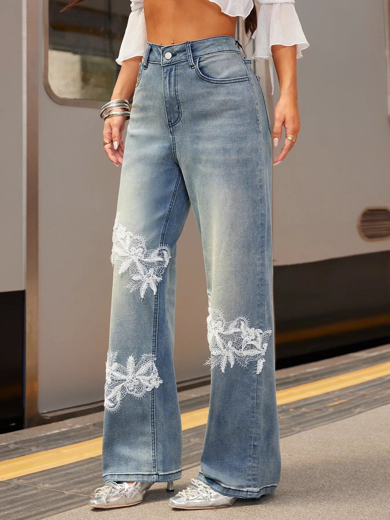 Lace Detail Wide Leg Jeans - Image 4
