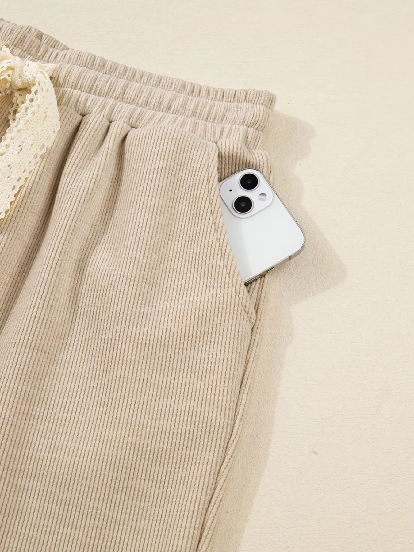 Lace Drawstring Hoodie and High Waist Pants Corduroy Suit - Image 13