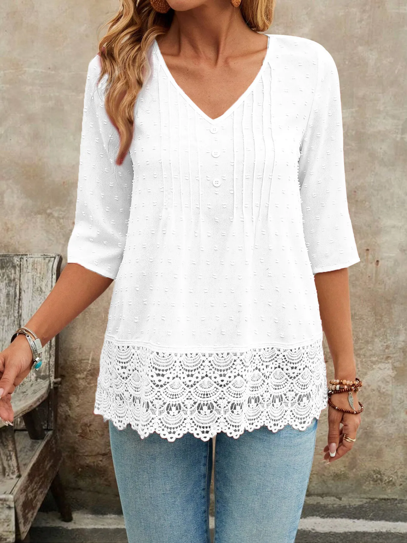 Lace Hem V-Neck Blouse - Image 3
