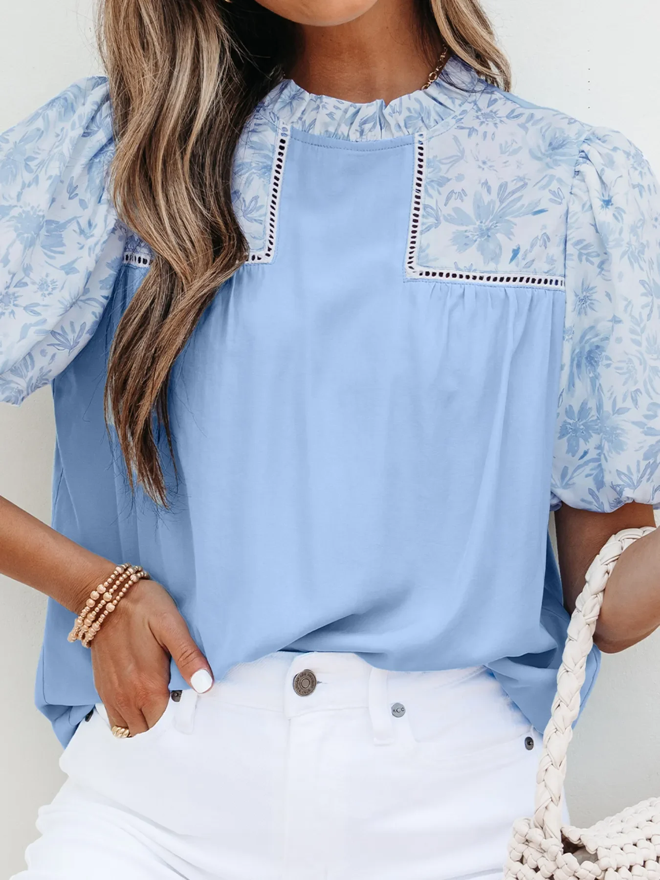 Lace Insert Floral Puff Sleeve Patchwork Loose Blouse - Image 4