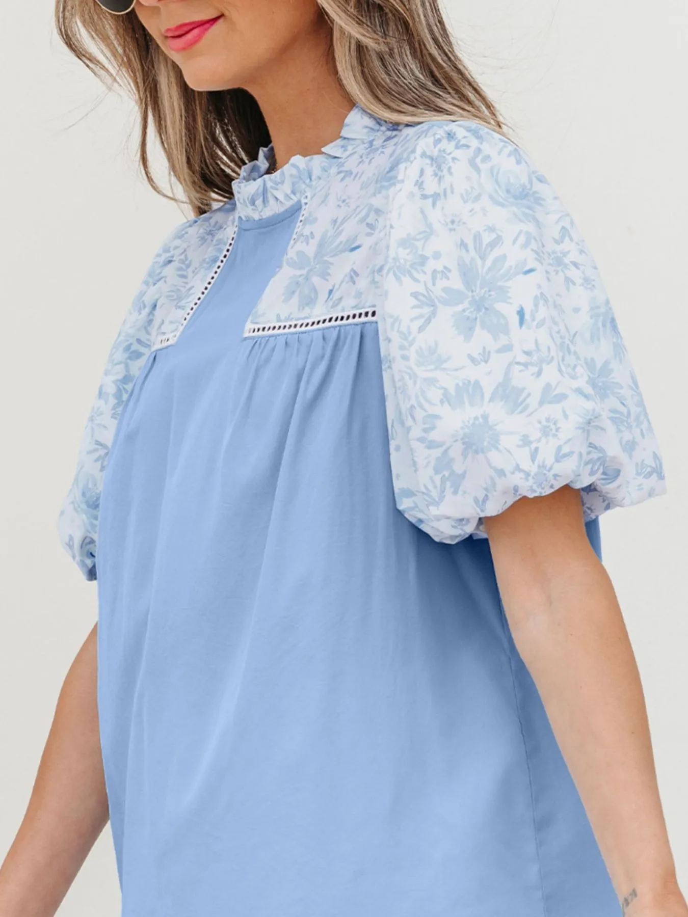 Lace Insert Floral Puff Sleeve Patchwork Loose Blouse - Image 5